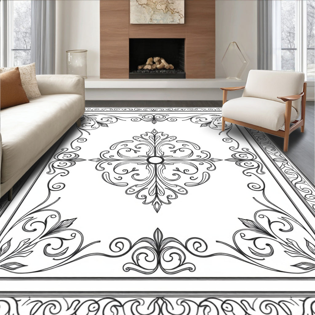 Ornate Scrollwork Floral Square Design Rug