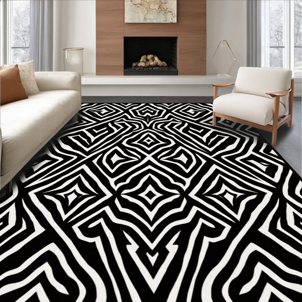 Bold Black White Geometric Zebra Design Rug