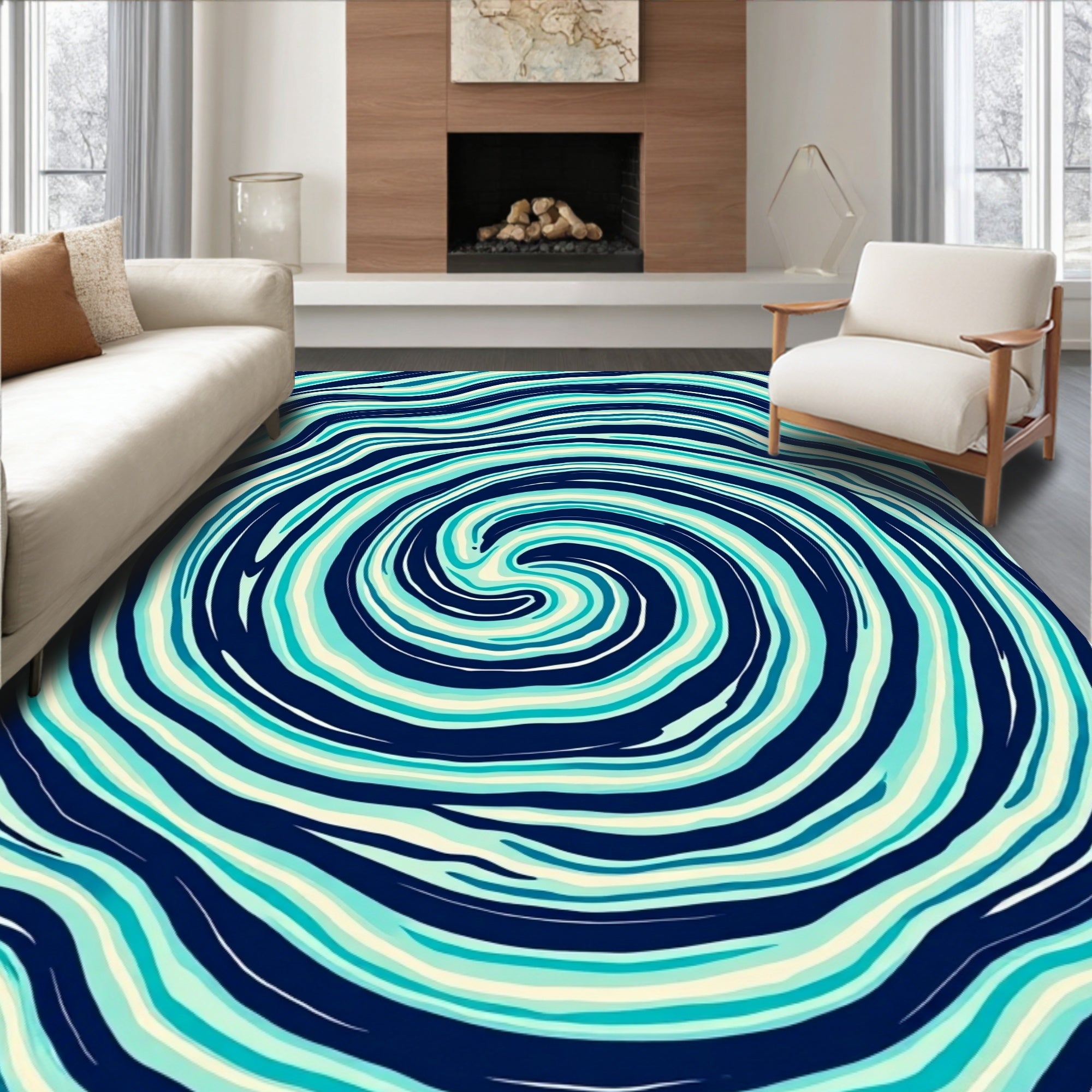 Abstract Swirl Blue Cream Rug