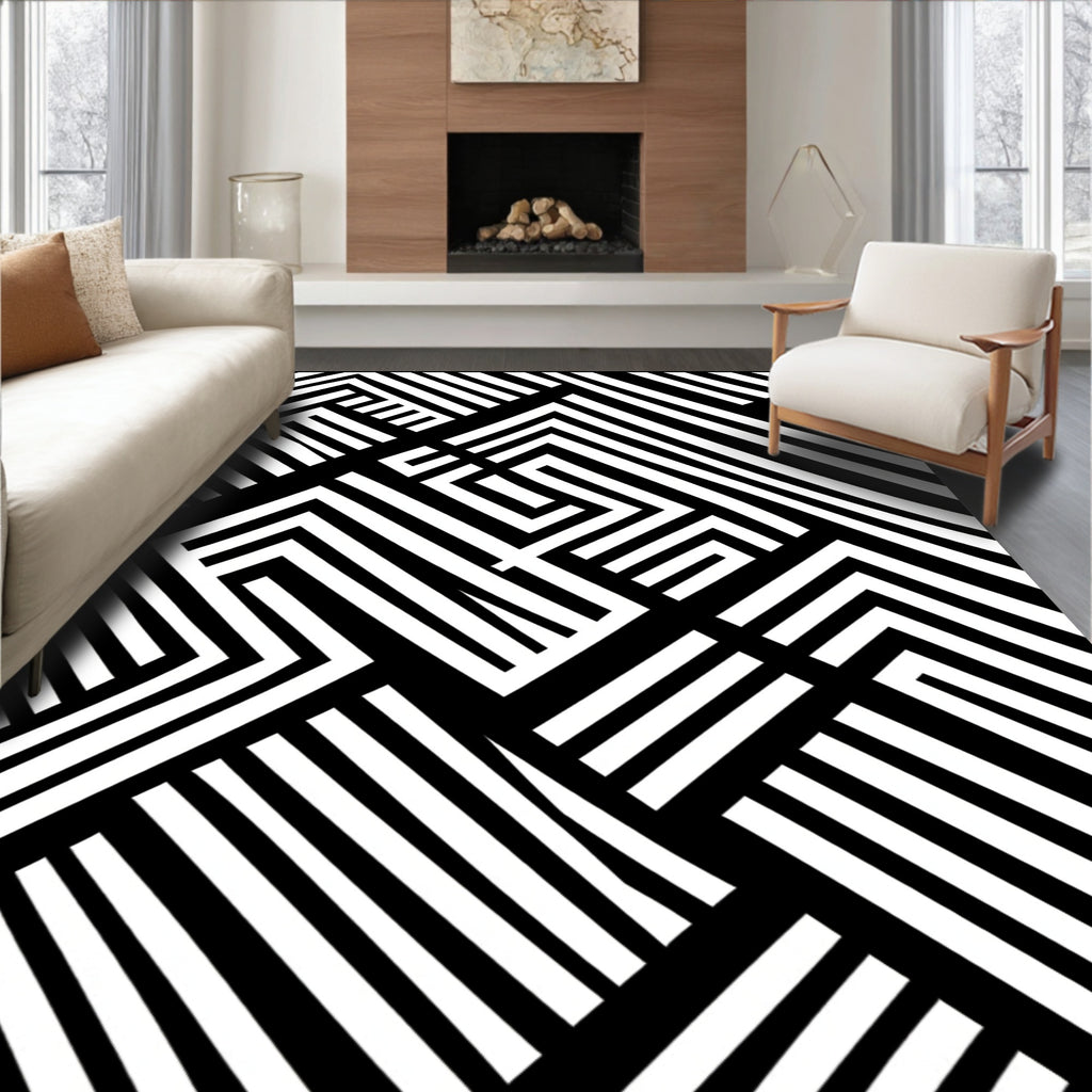 Sharp Black White Geometric Lines Rug