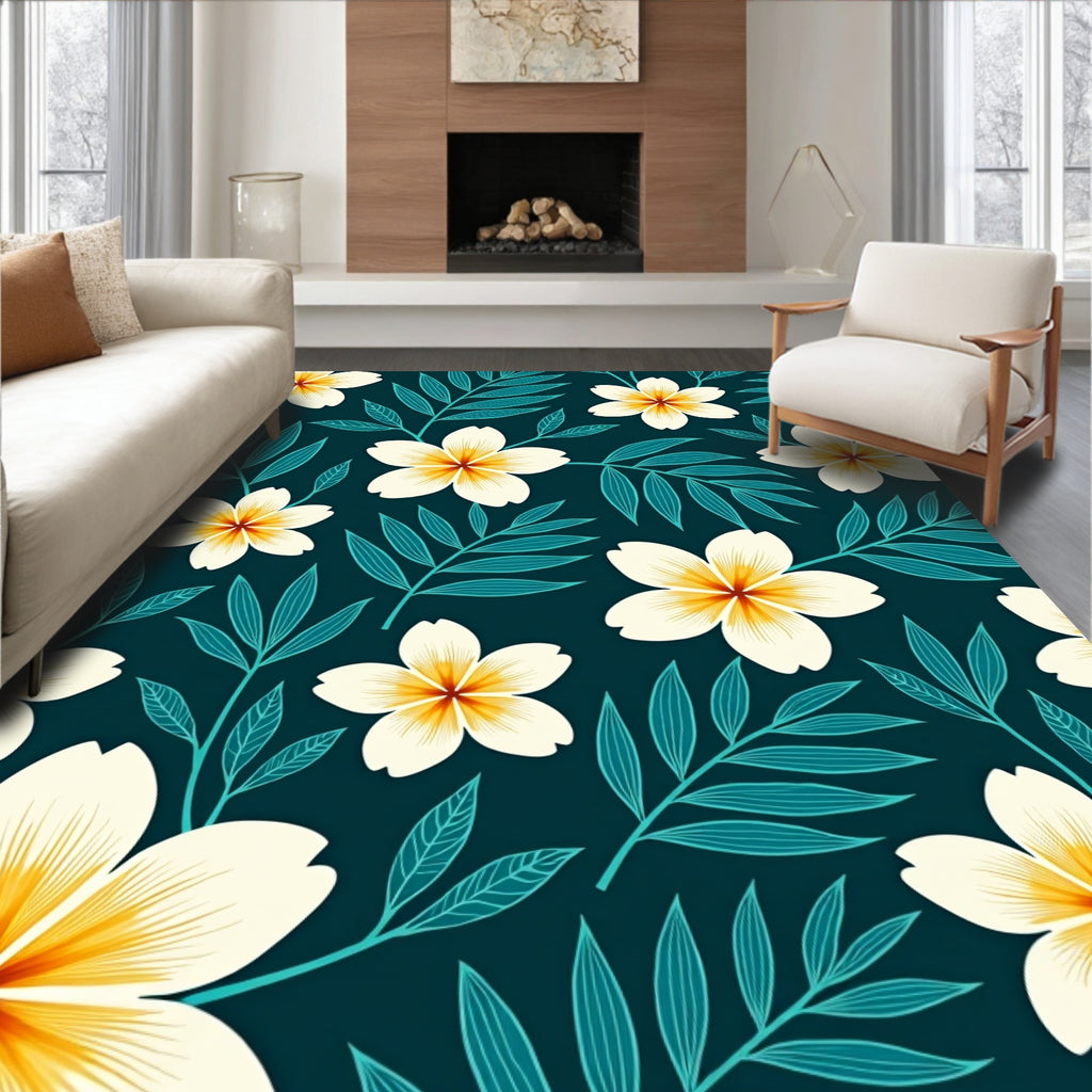 Deep Teal Floral Nature Pattern Rug