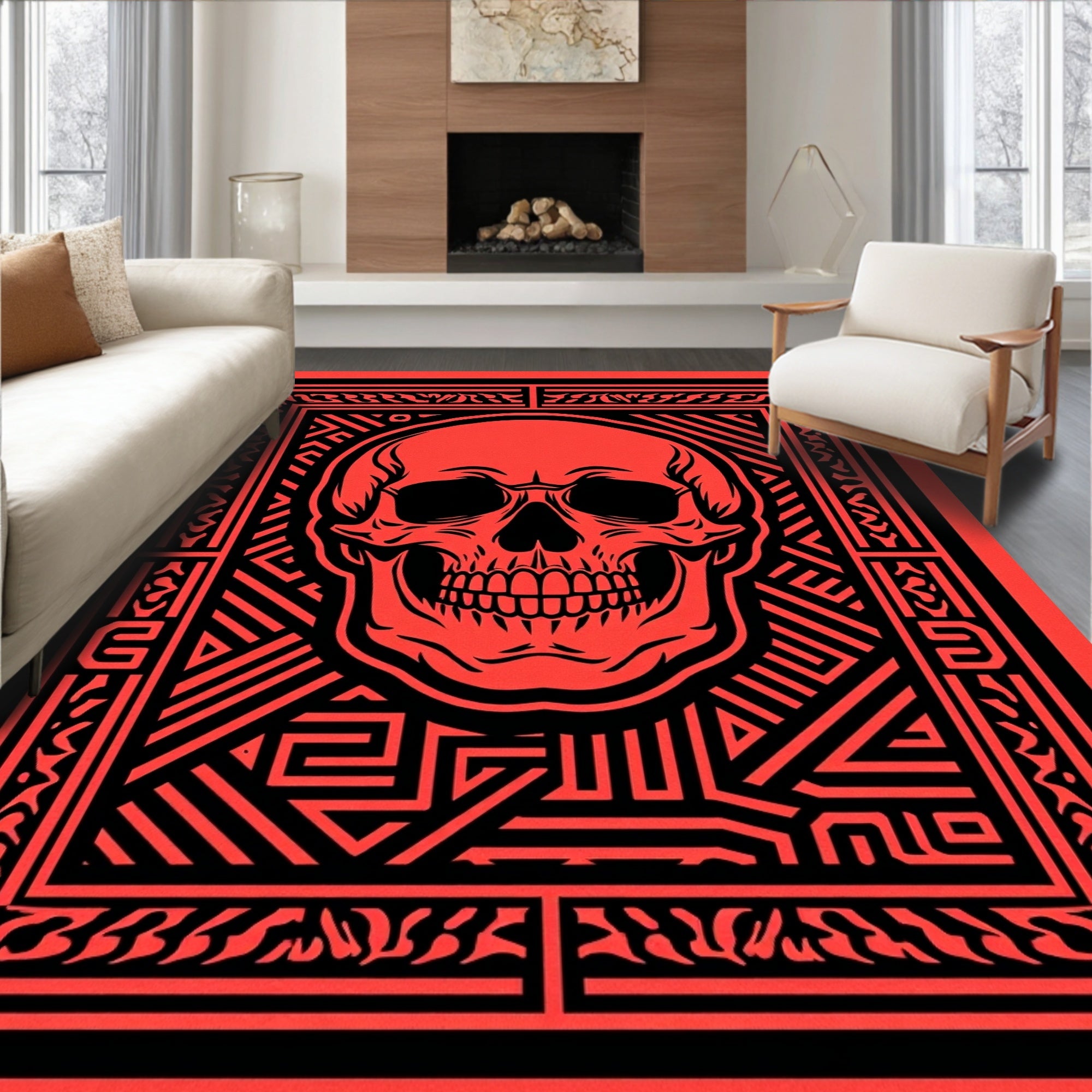 Bold Red Skull Geometric Pattern Rug