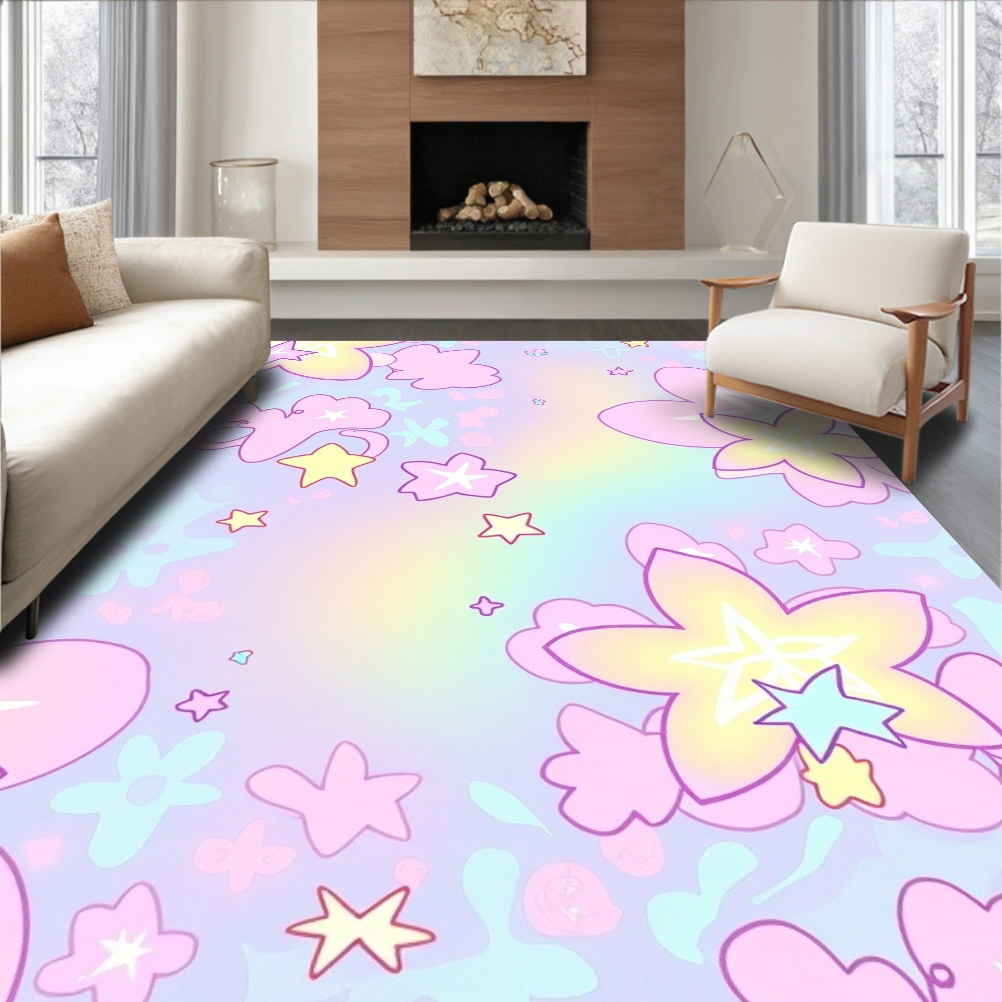 Pastel Star Flower Pattern Rug