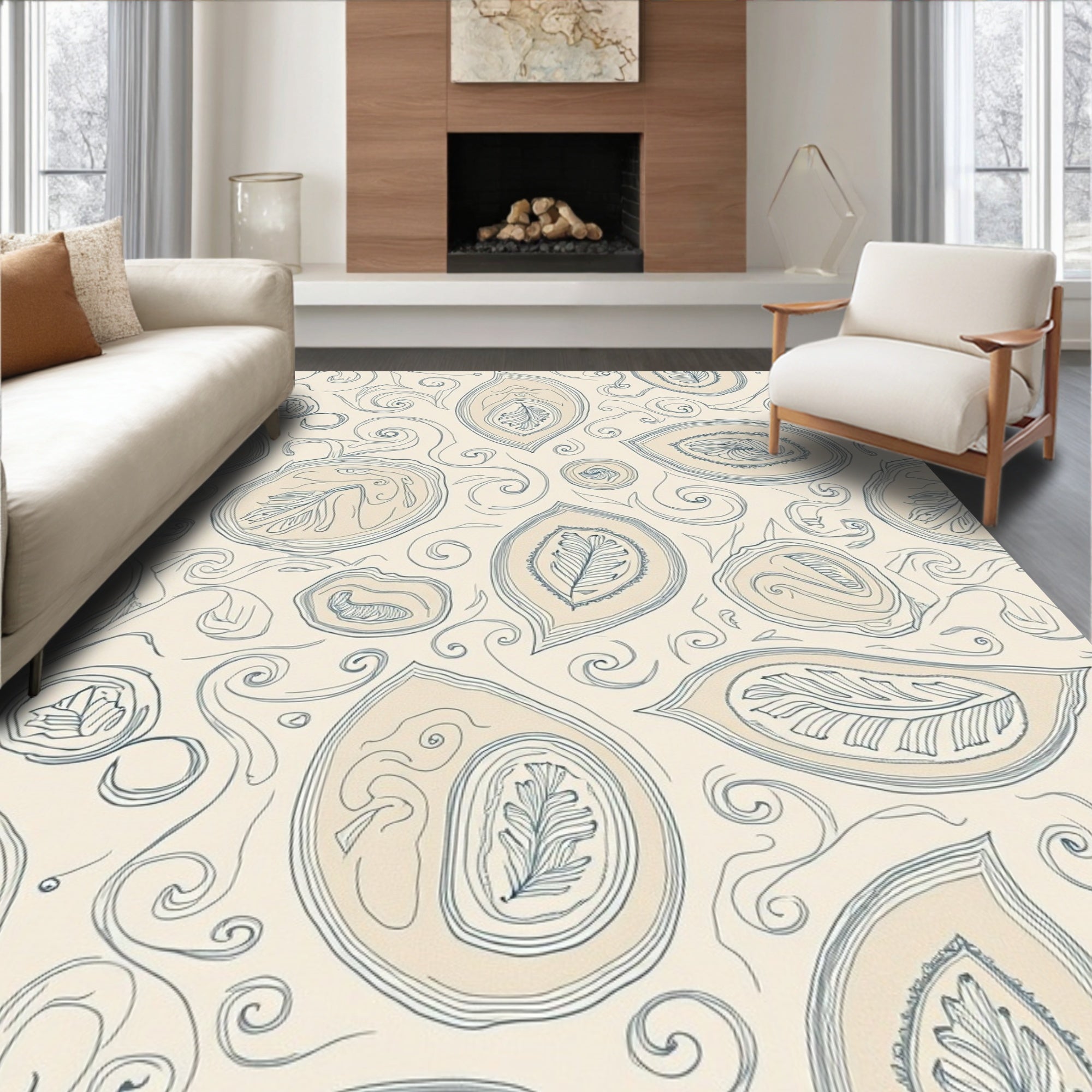 Cream Blue Organic Leaf Swirl Rug