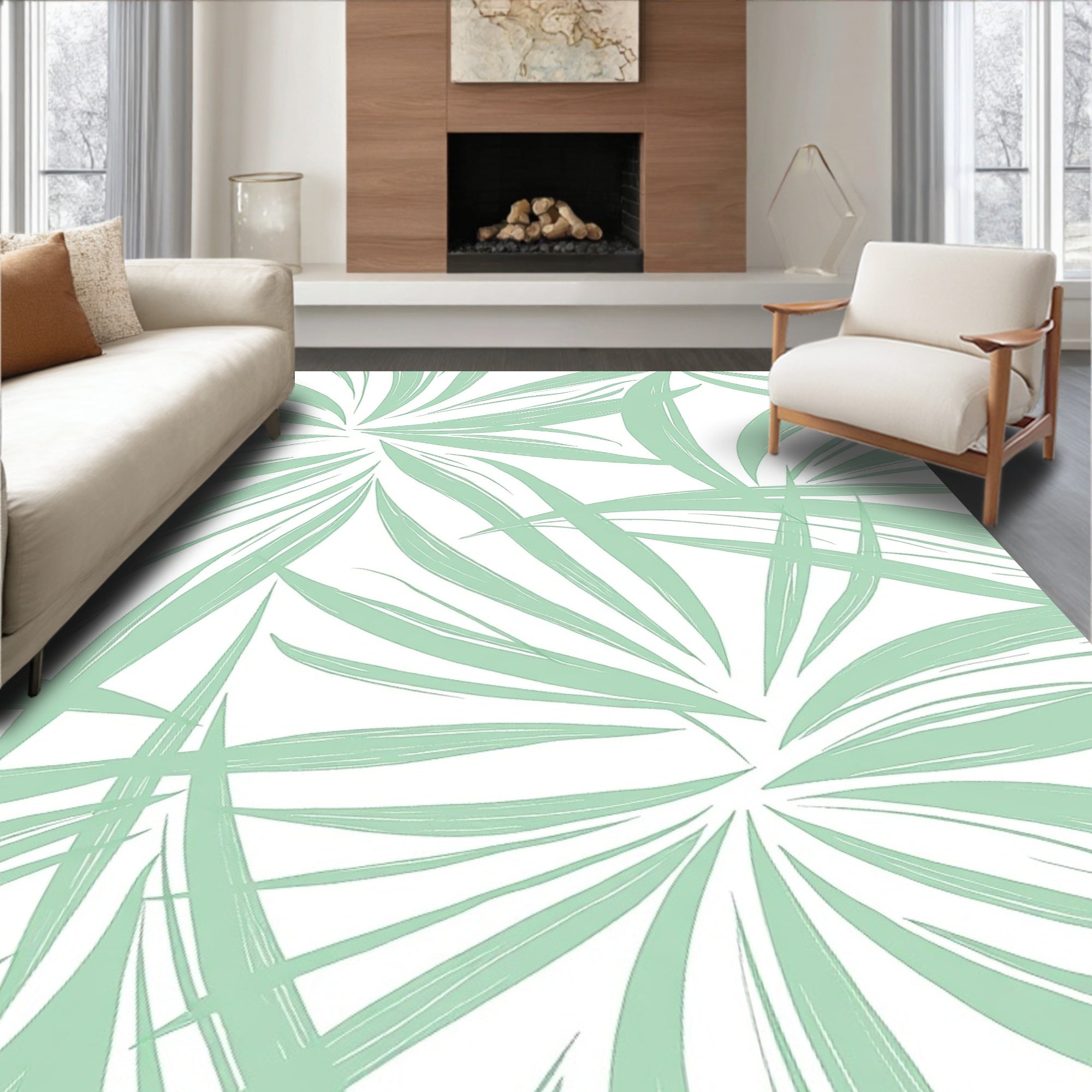 Pale Green Leafy Abstract Pattern Rug