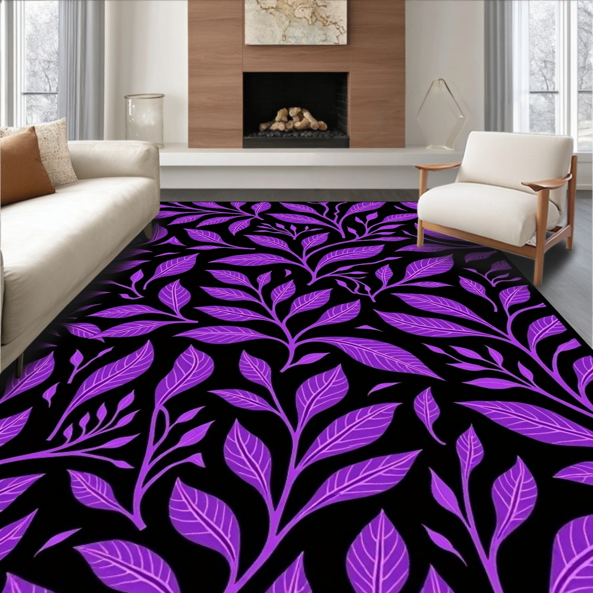 Vibrant Purple Leafy Vine Artwork Rug