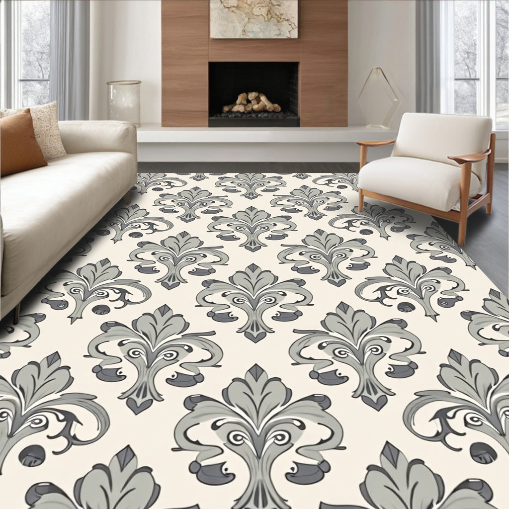 Elegant Gray Floral Damask Pattern Rug