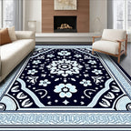 Floral Mandala Patterned Navy Rug