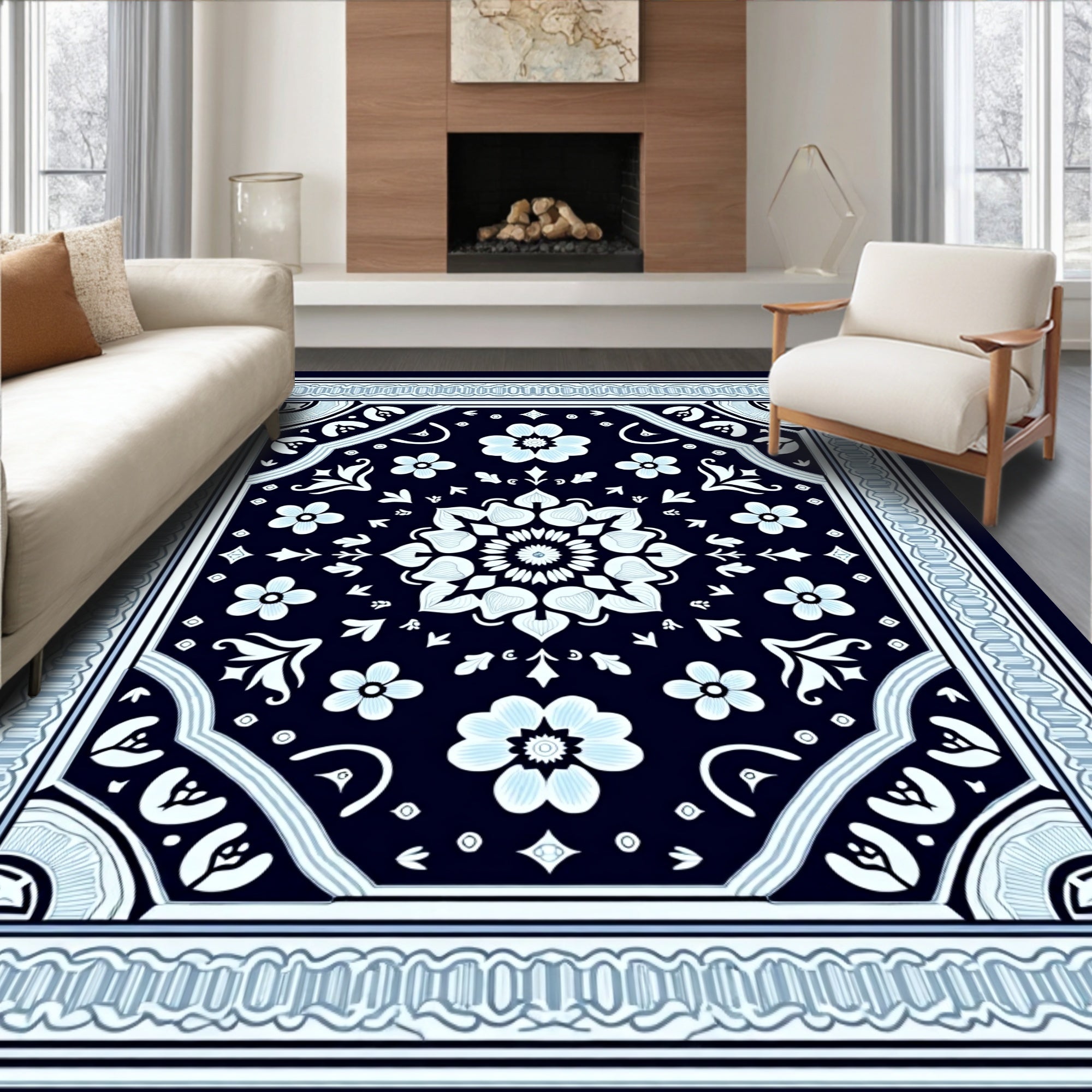 Floral Mandala Patterned Navy Rug
