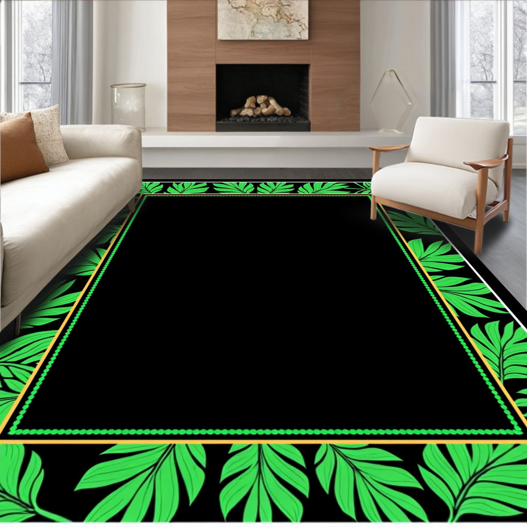 Green Leaf Bordered Black Pattern Rug