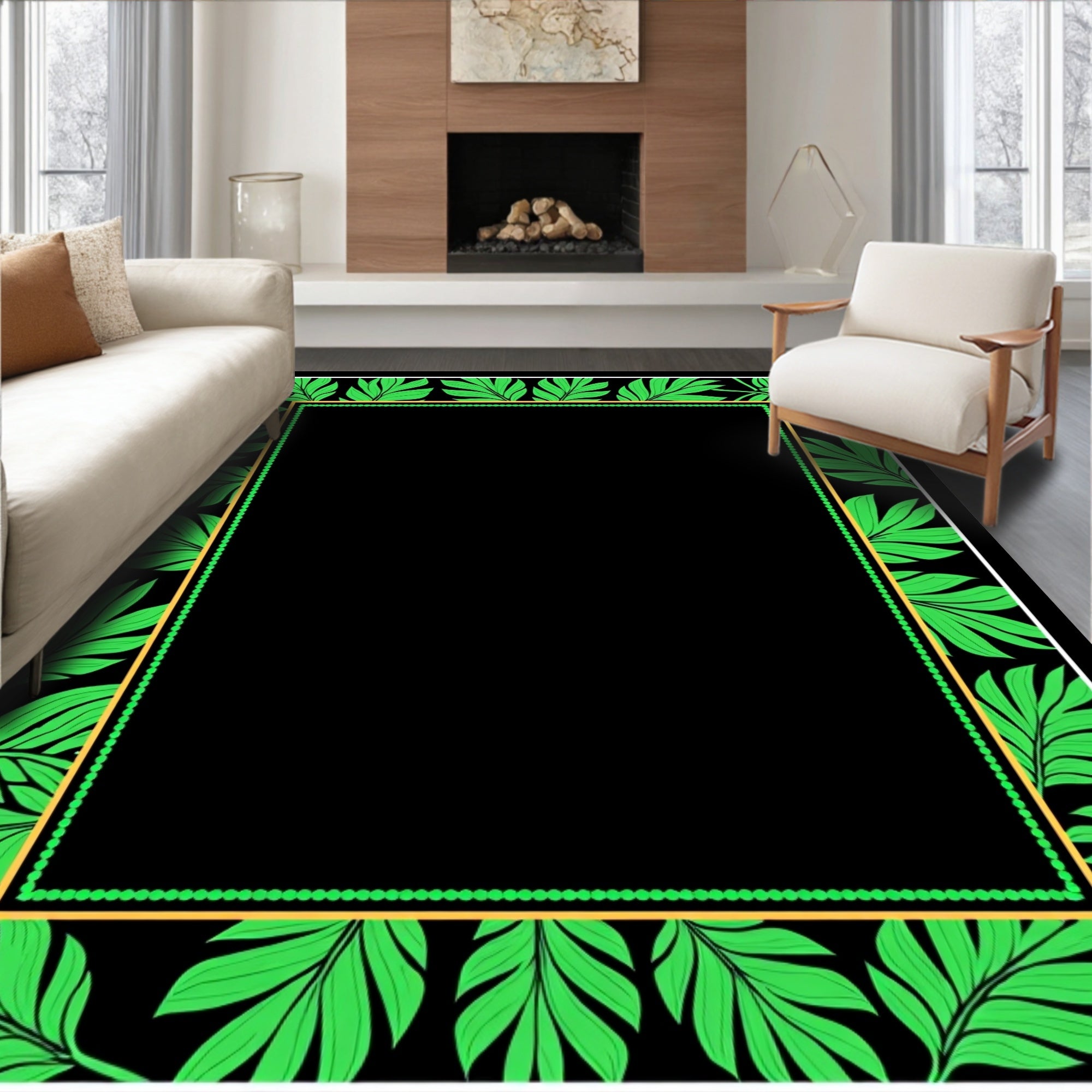 Green Leaf Bordered Black Pattern Rug