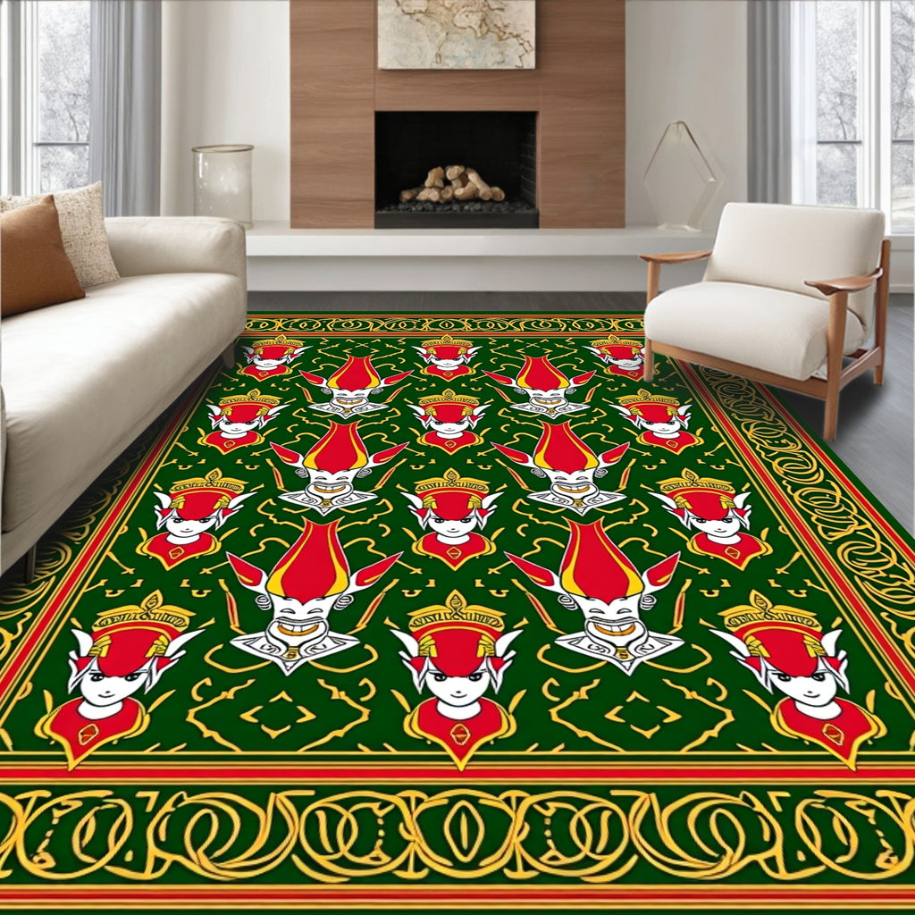 Green Red Yellow Character Border Rug
