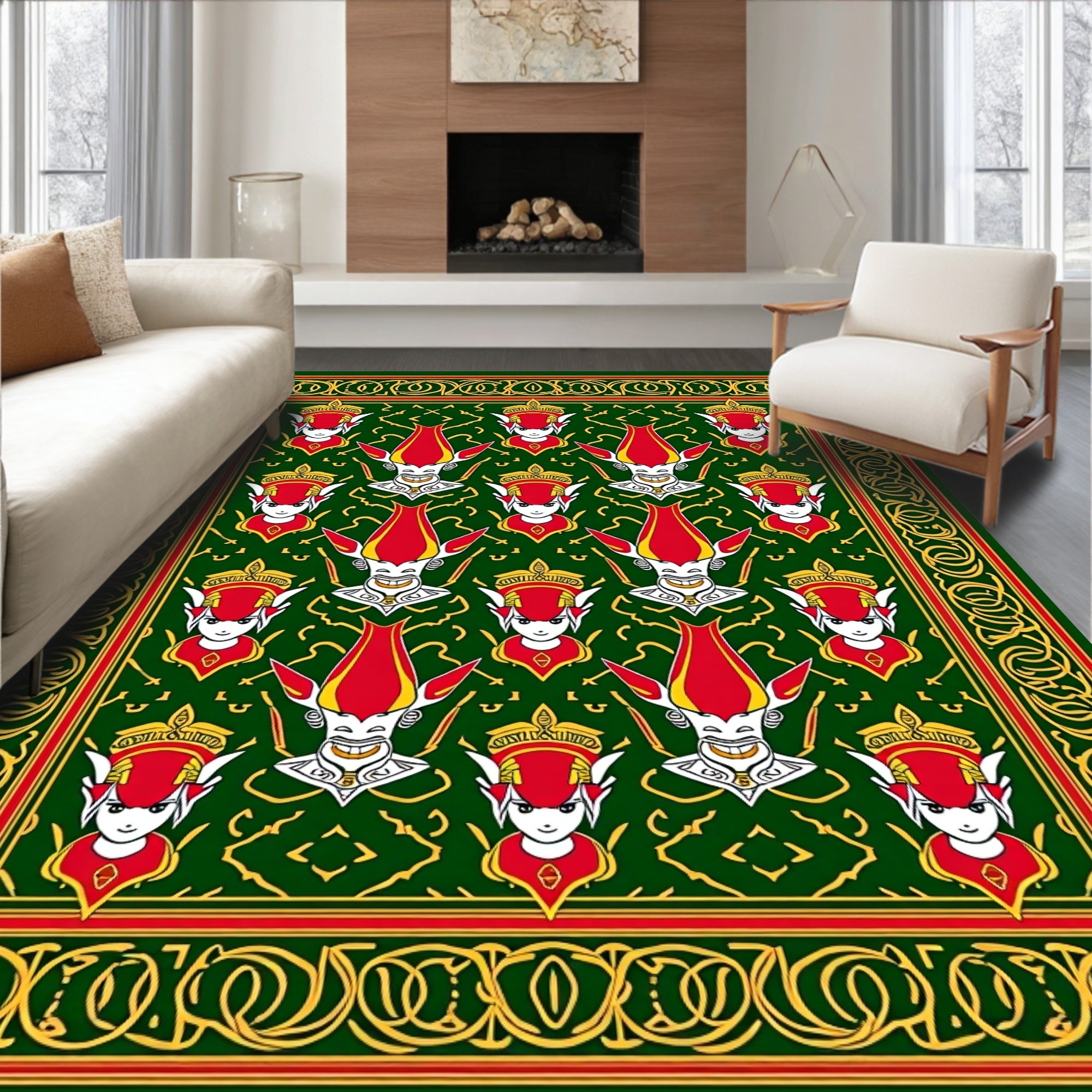 Green Red Yellow Character Border Rug
