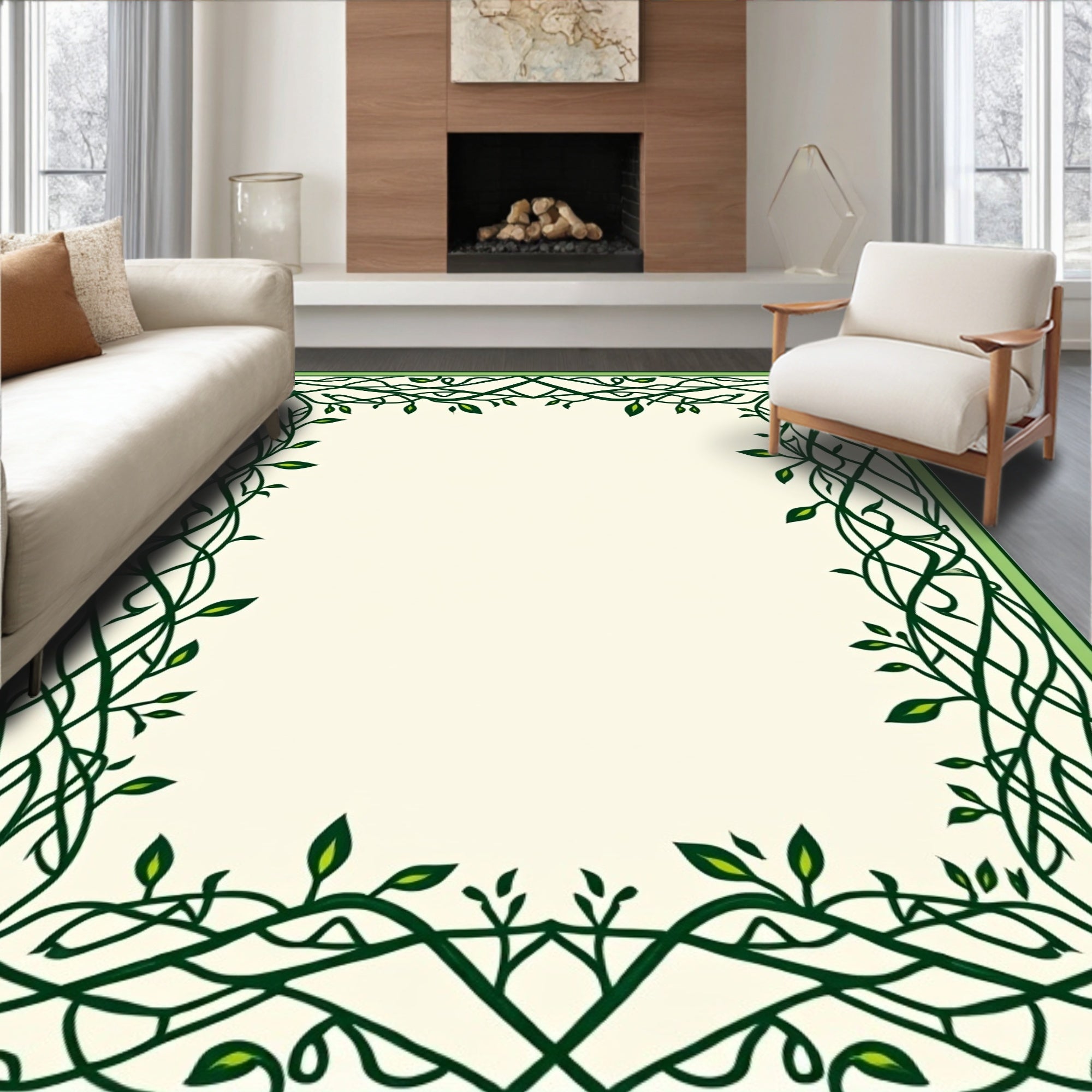 Ornate Green Vine Border Design Rug