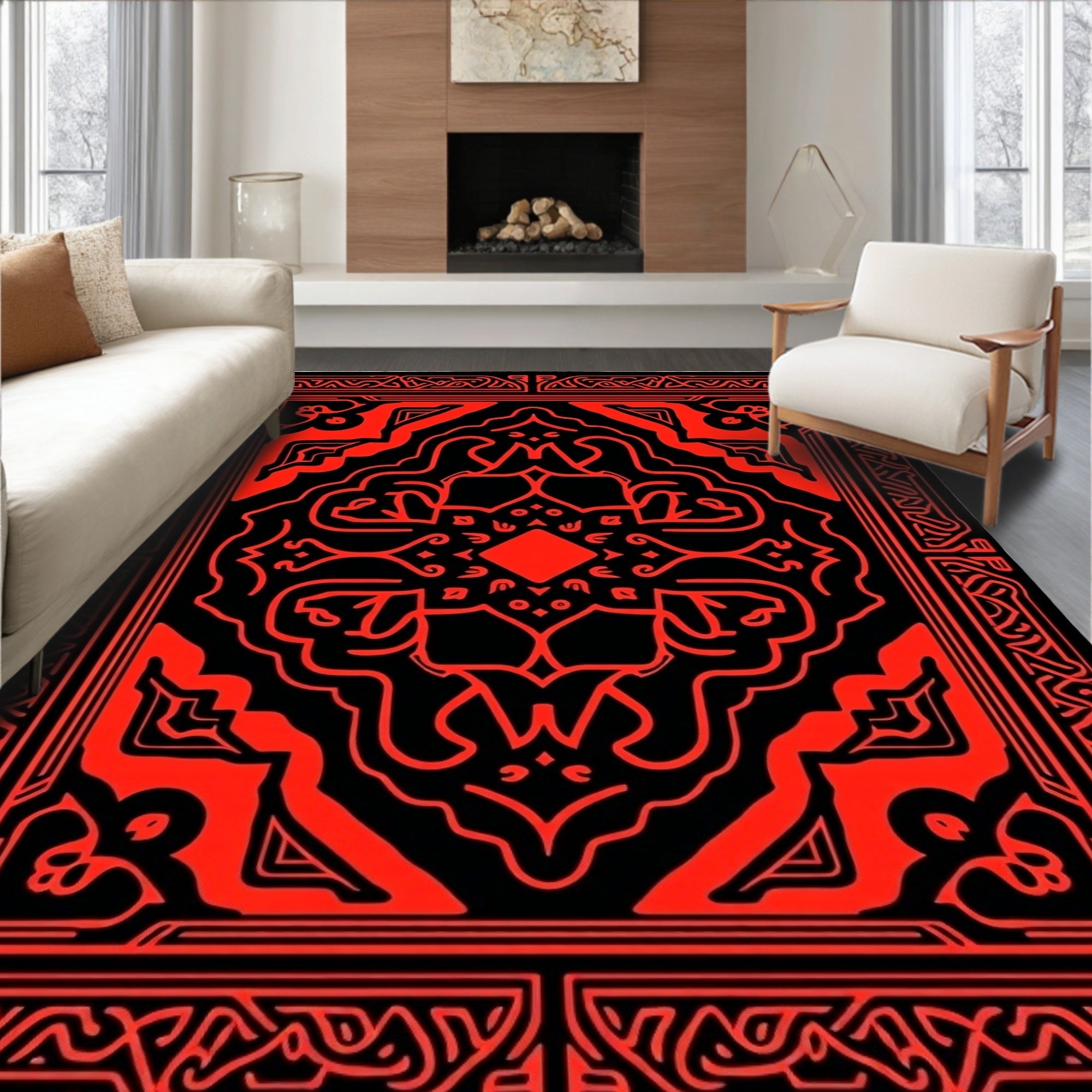 Bold Red Black Ornamental Design Rug