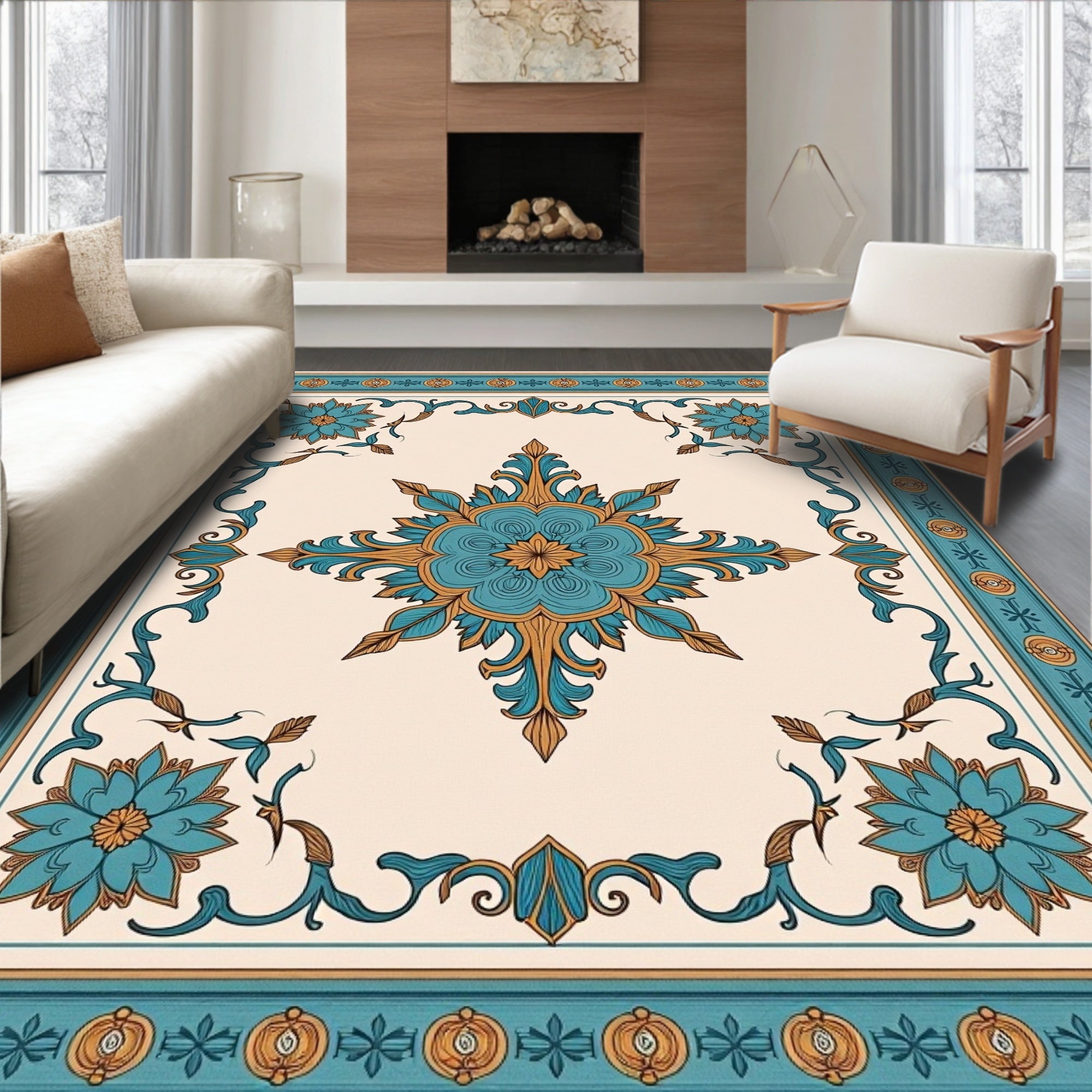 Ornate Teal Floral Medallion Design Rug
