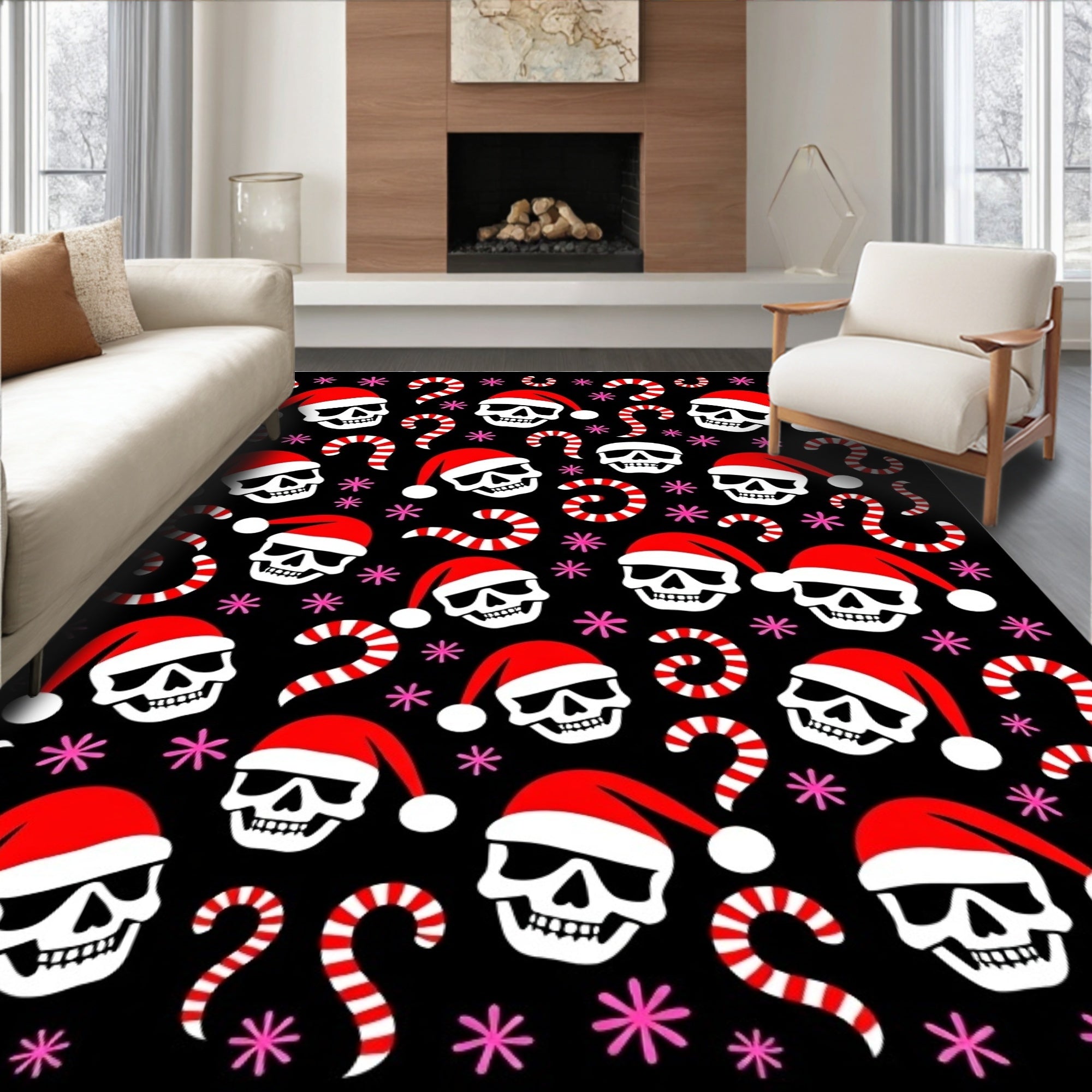 Jolly Skull Candy Cane Snowflakes Rug