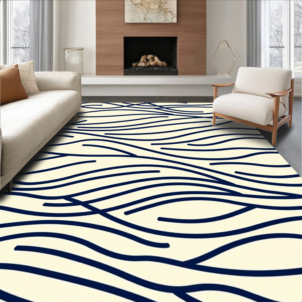 Abstract Navy Blue Wavy Lines Rug