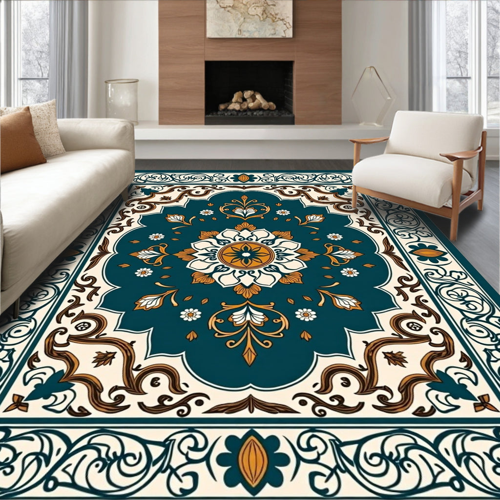 Ornate Floral Teal Ivory Gold Rug