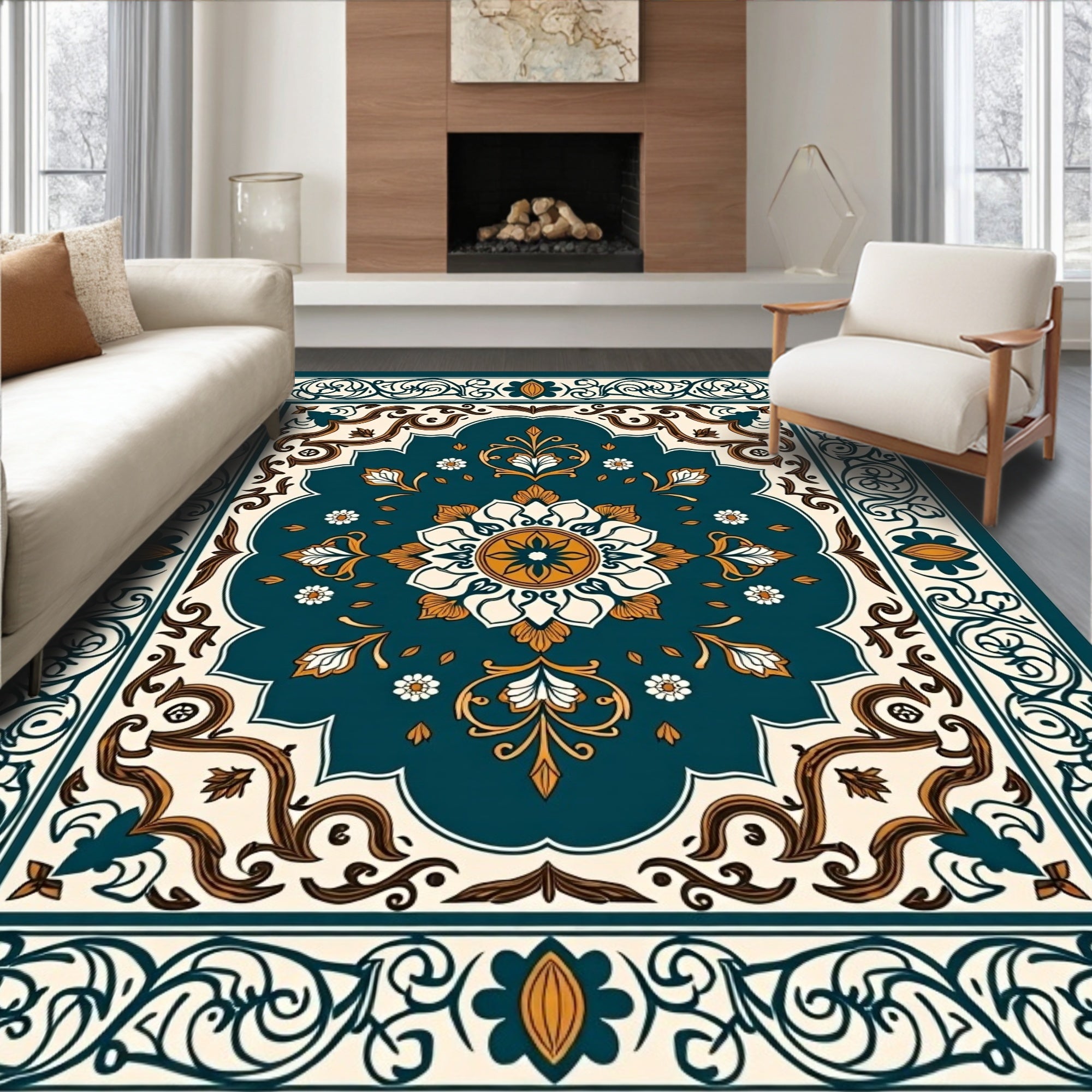 Ornate Floral Teal Ivory Gold Rug