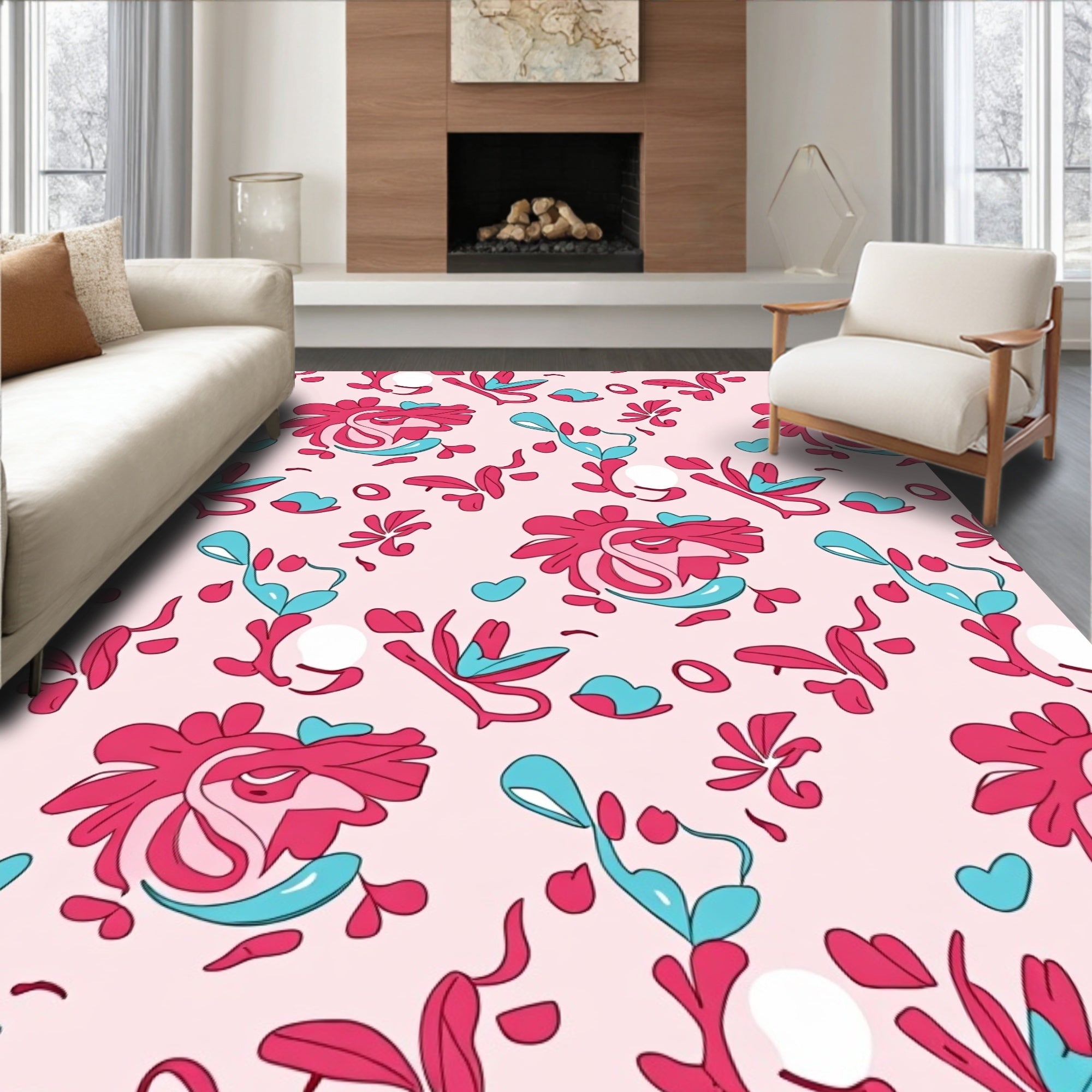 Pink Teal Abstract Swirls Pattern Rug