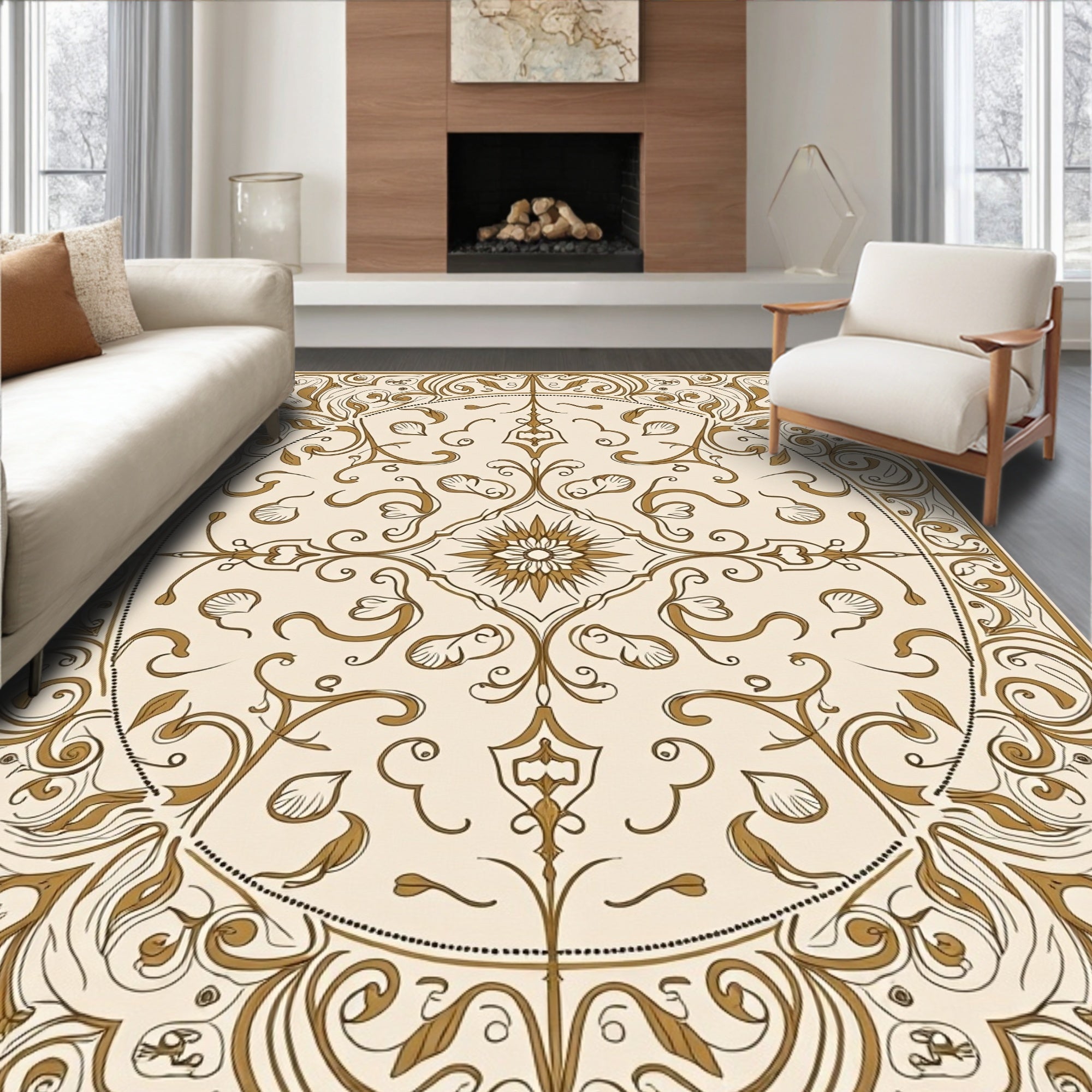 Floral Scrollwork Cream Bronze Pattern Rug