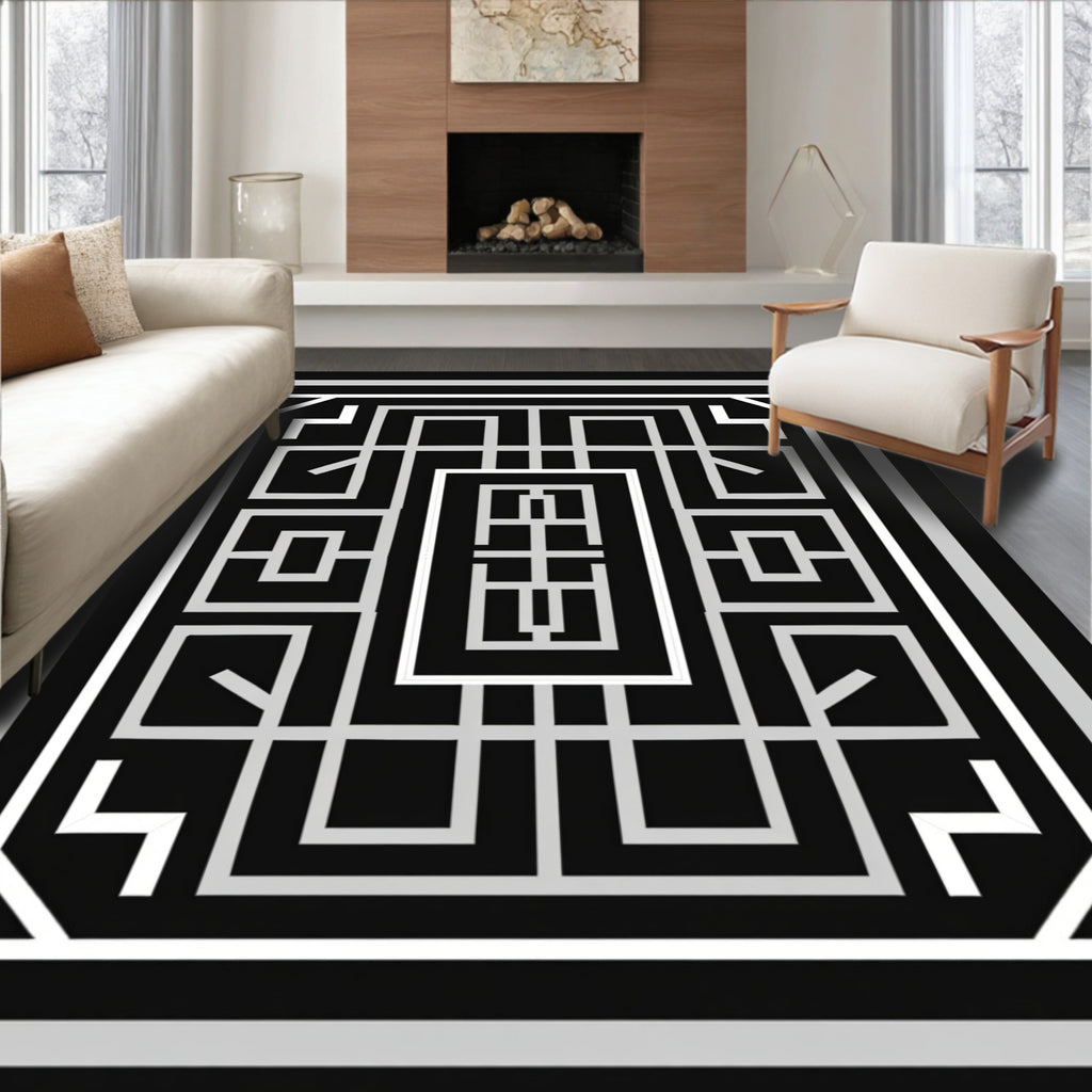 Monochromatic Geometric Labyrinth Pattern Rug