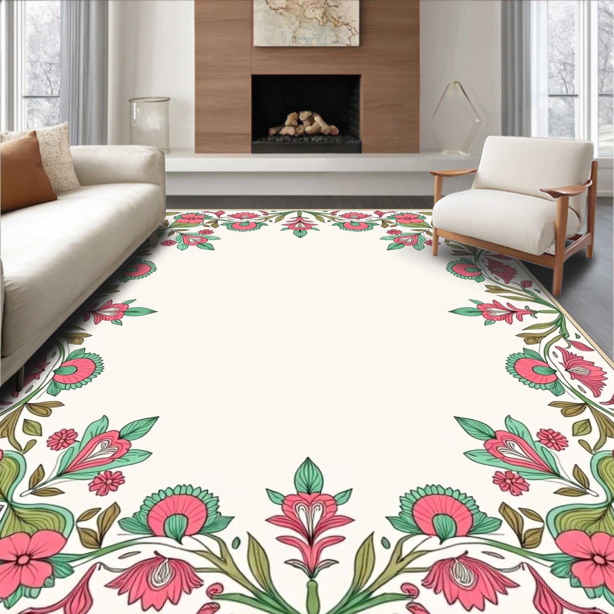 Ornate Floral Vine Border Design Rug