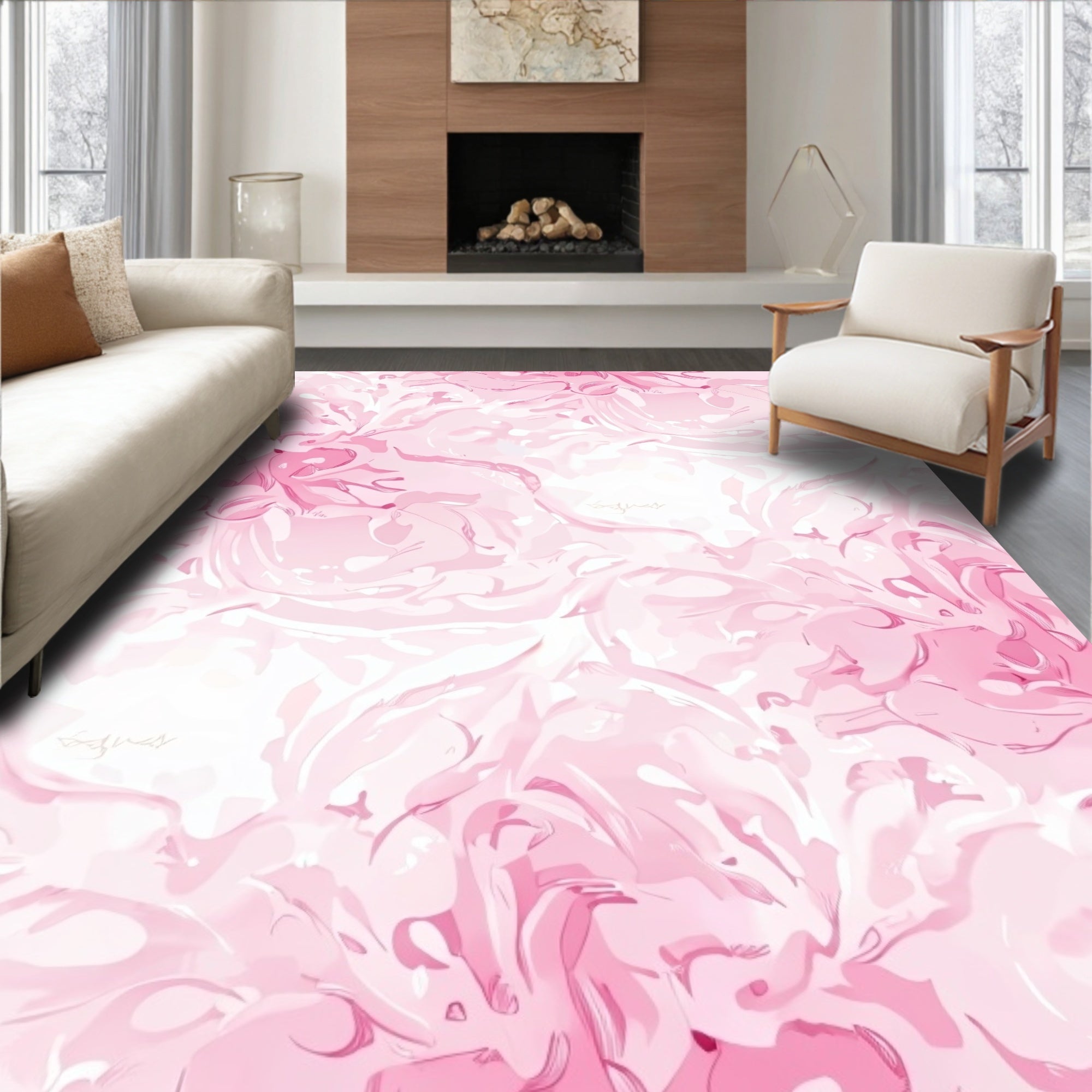 Soft Pink Floral Swirl Pattern Rug