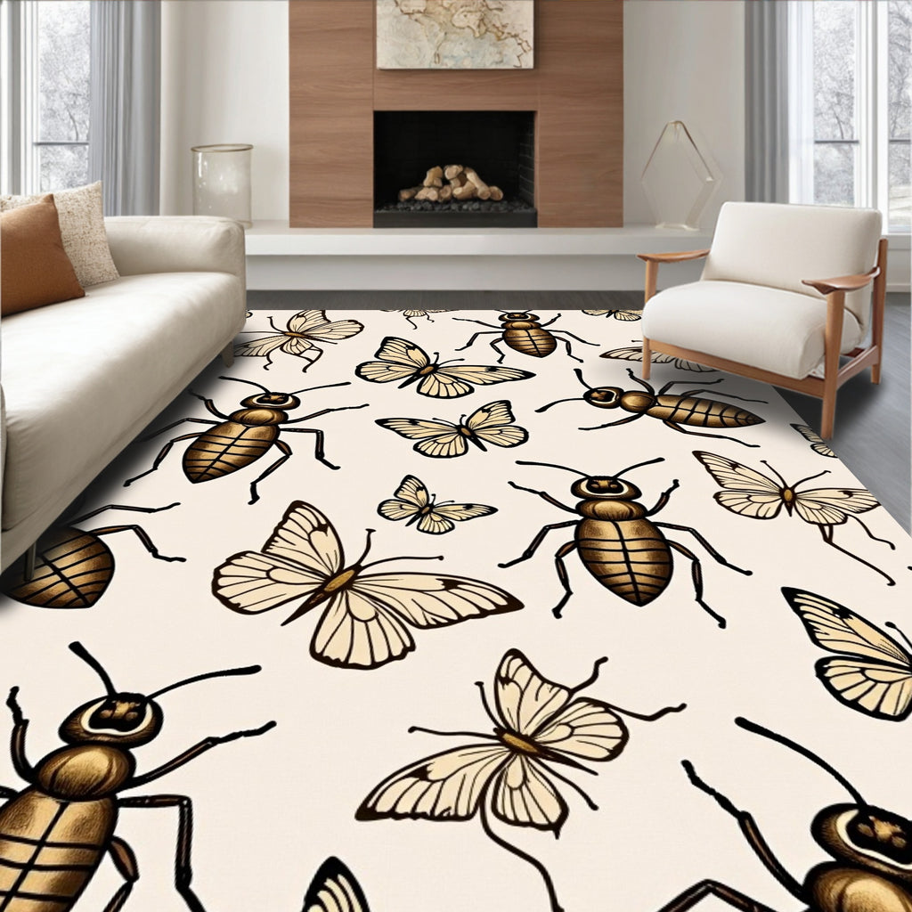 Antique Insects Butterflies Cream Rug