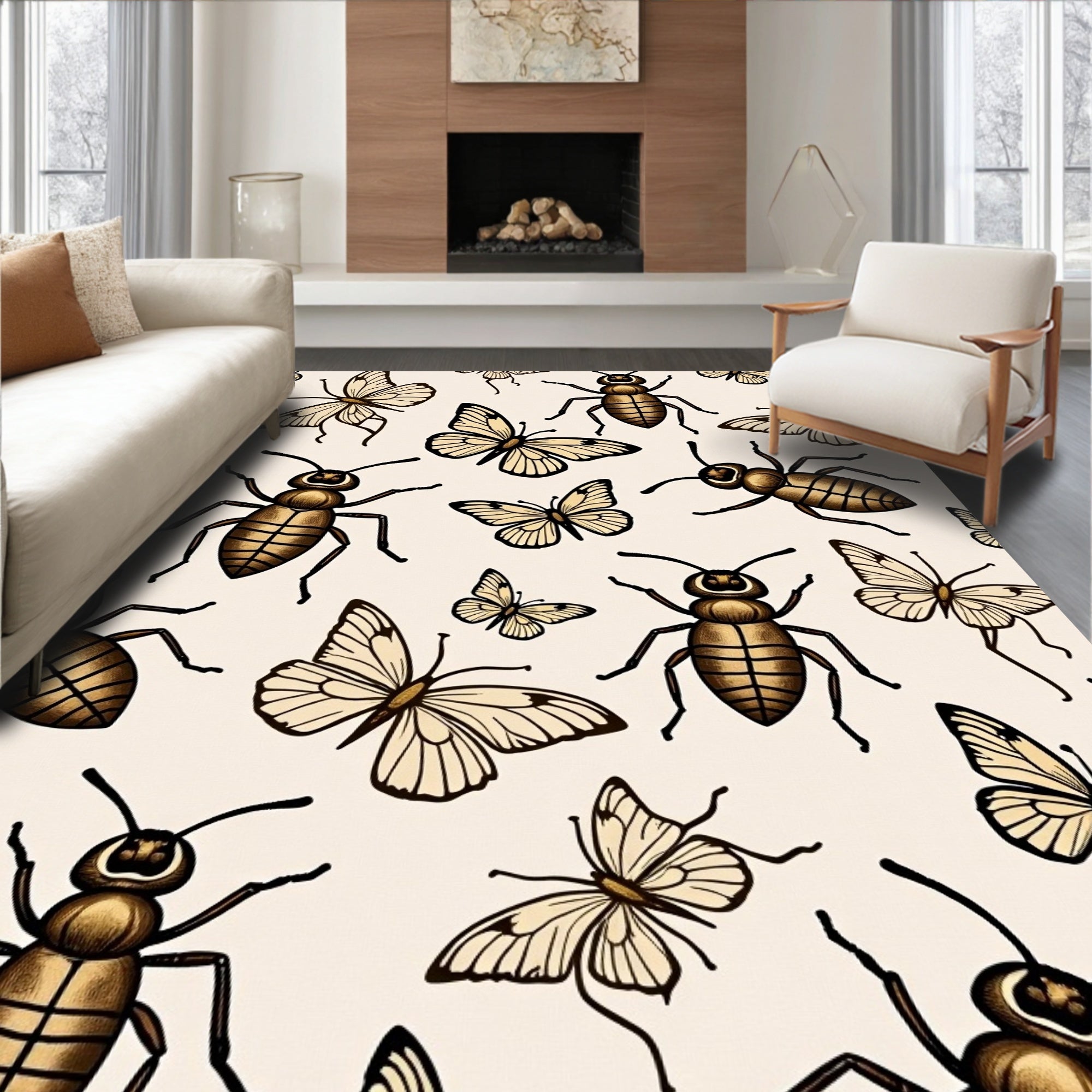 Antique Insects Butterflies Cream Rug