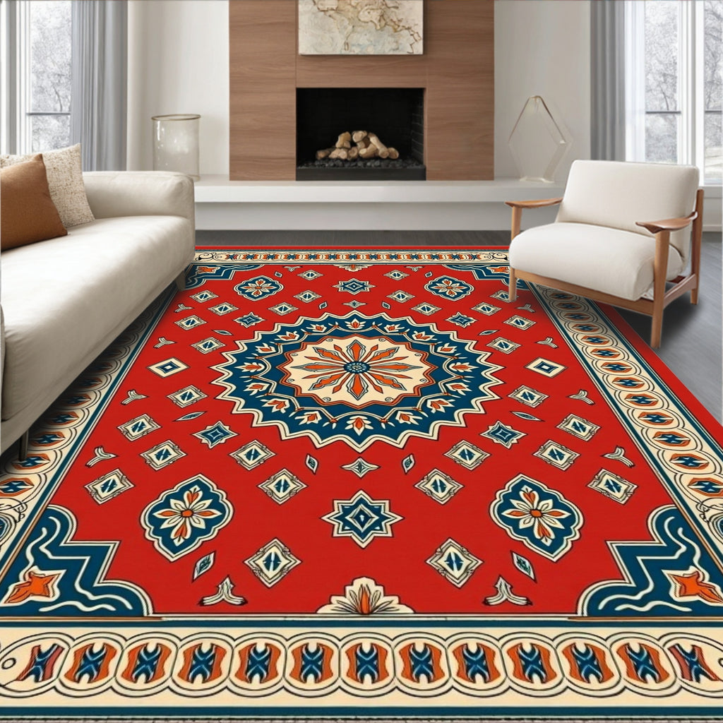 Ornate Red Blue Mandala Geometric Pattern Rug