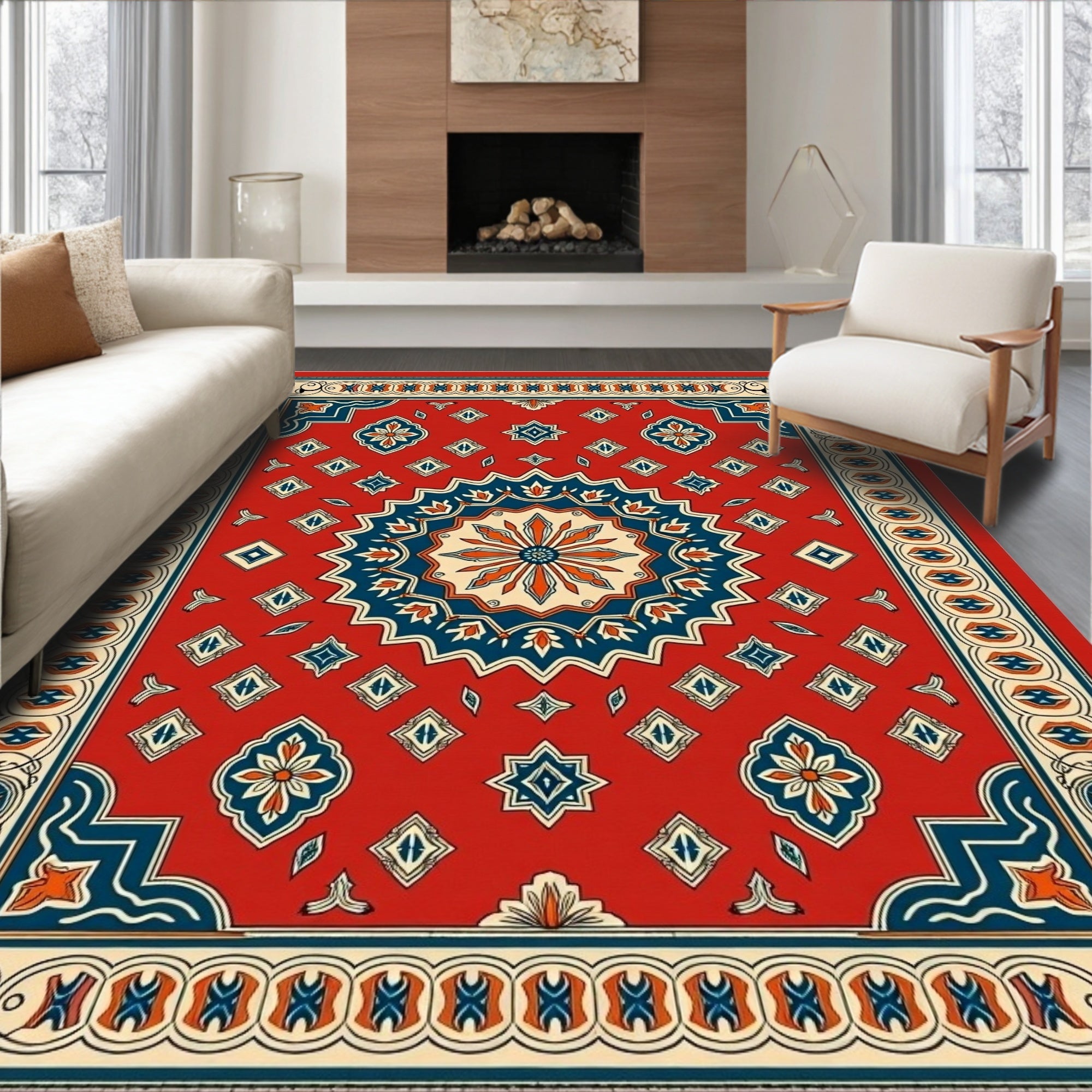 Ornate Red Blue Mandala Geometric Pattern Rug