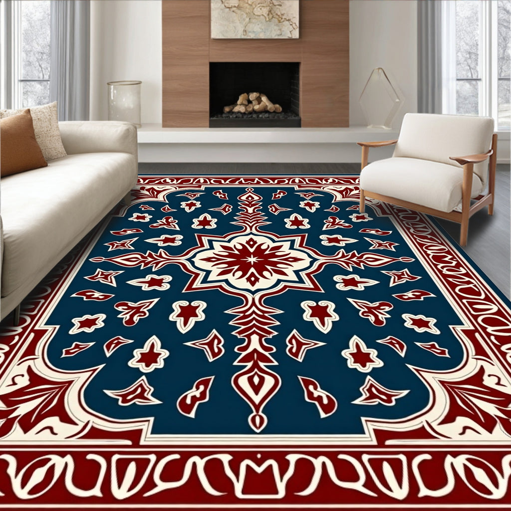Deep Blue Red Floral Medallion Rug