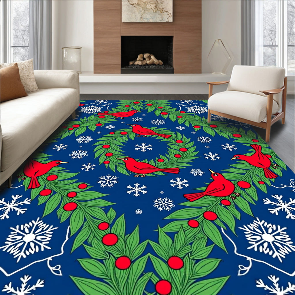 Red Cardinal Snowy Winter Wreath Rug