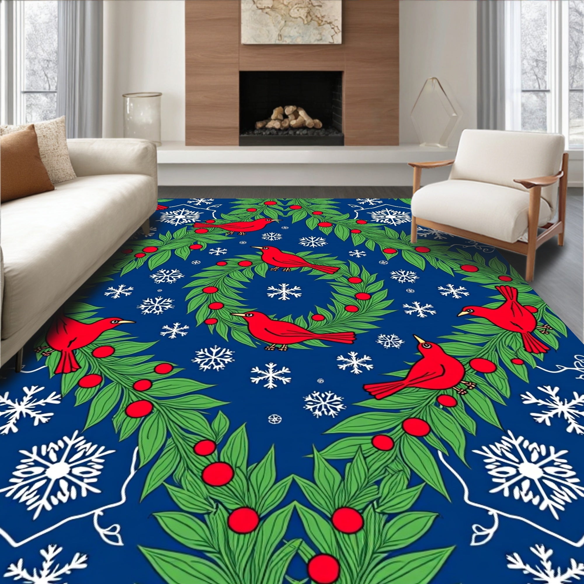 Red Cardinal Snowy Winter Wreath Rug