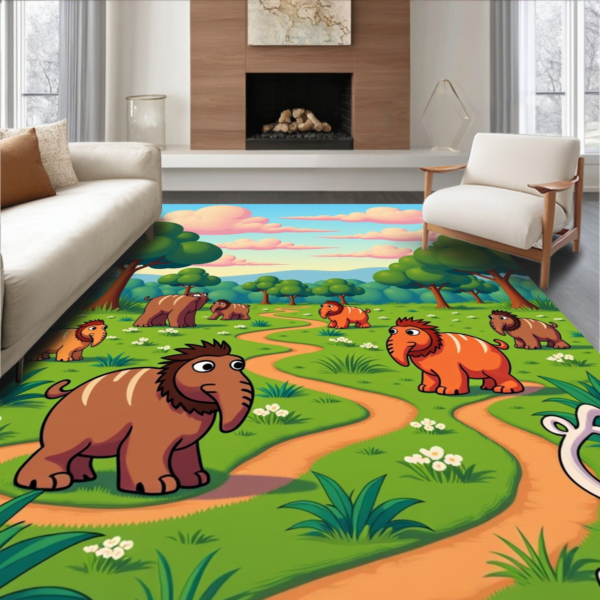 Whimsical Elephant Herd Meadow Design Rug