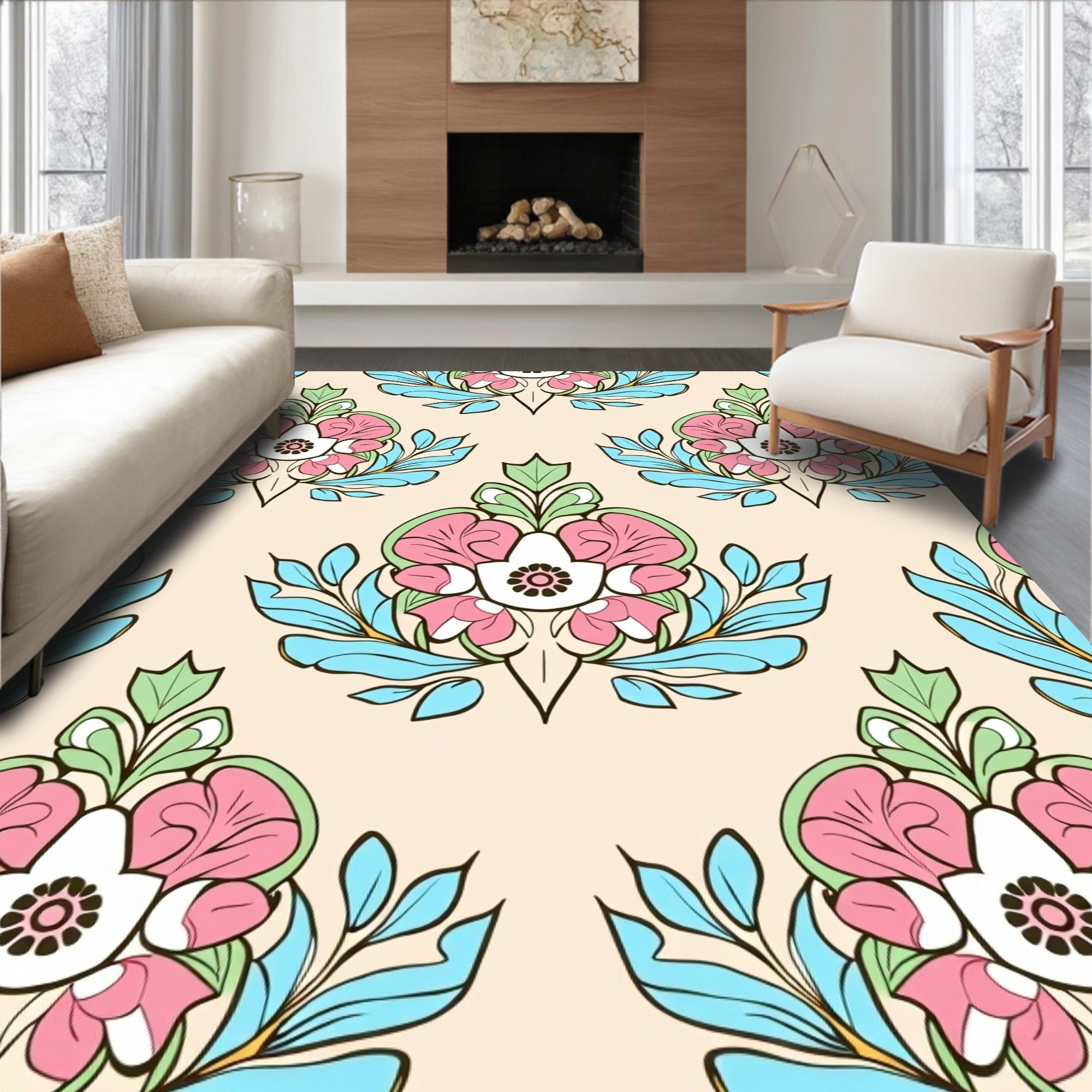 Pastel Floral Damask Pattern Rug