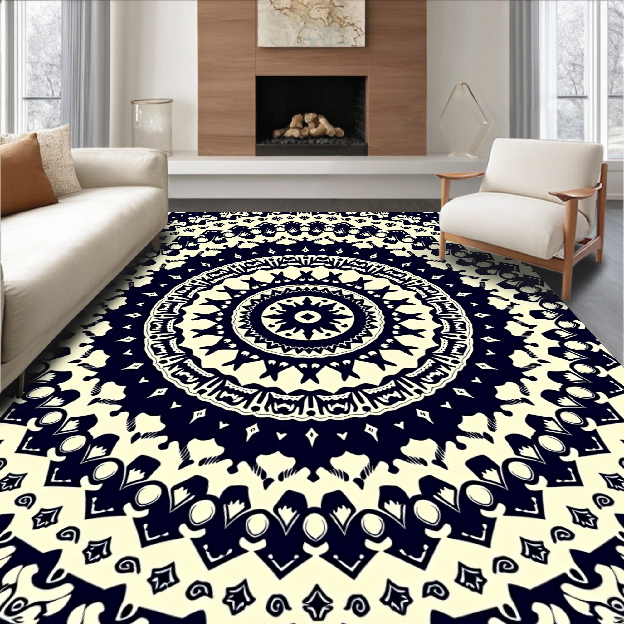 Intricate Black Cream Mandala Pattern Rug
