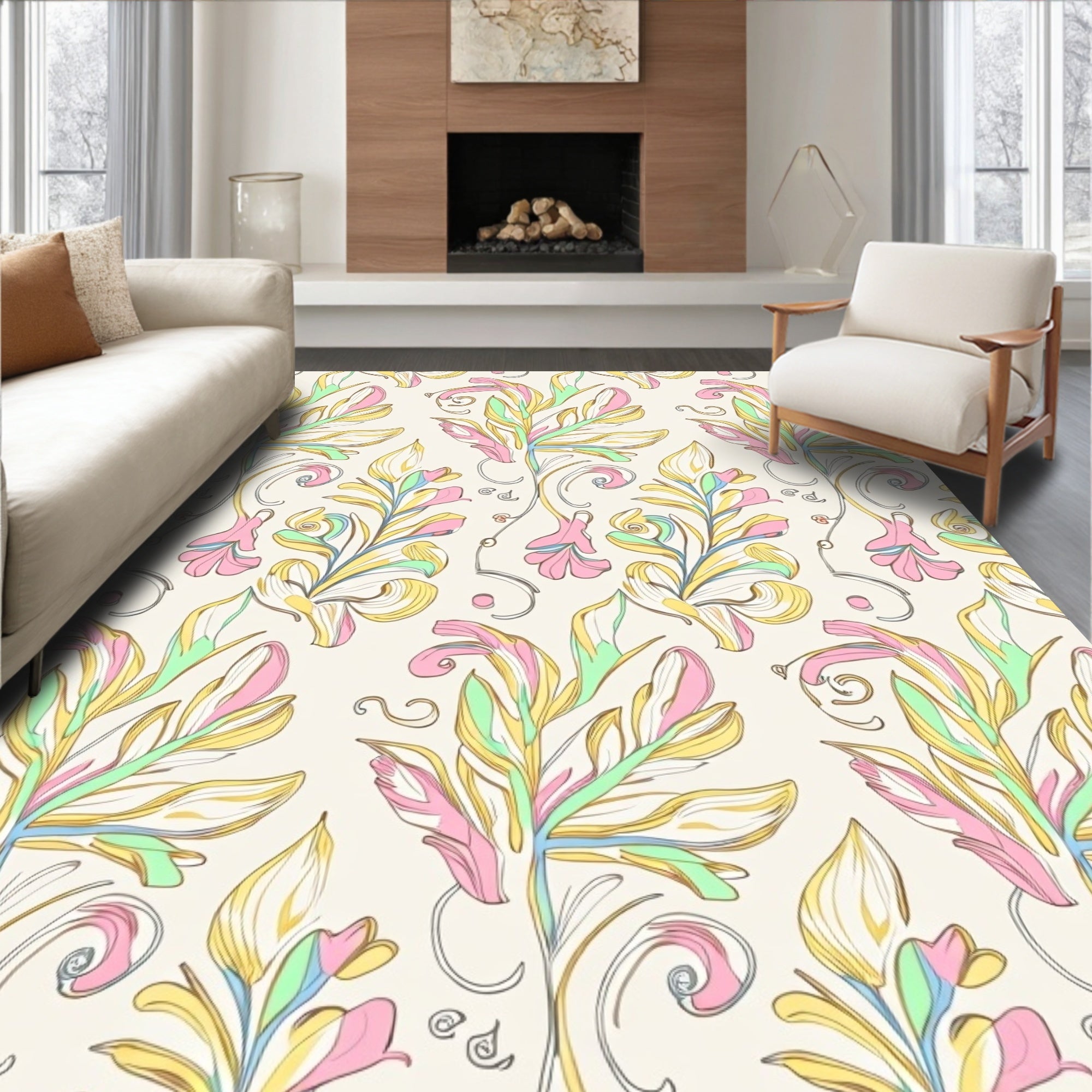 Pastel Floral Leaf Scroll Pattern Rug