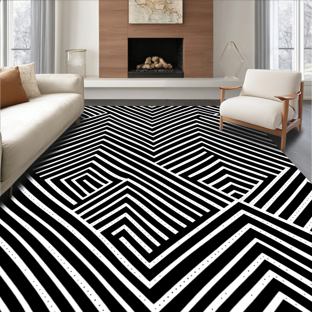 Bold Black White Geometric Design Rug
