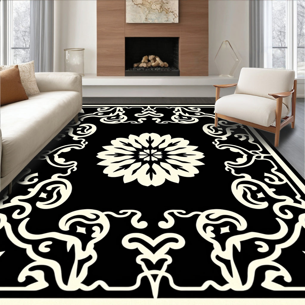 Elegant Black Cream Floral Pattern Rug