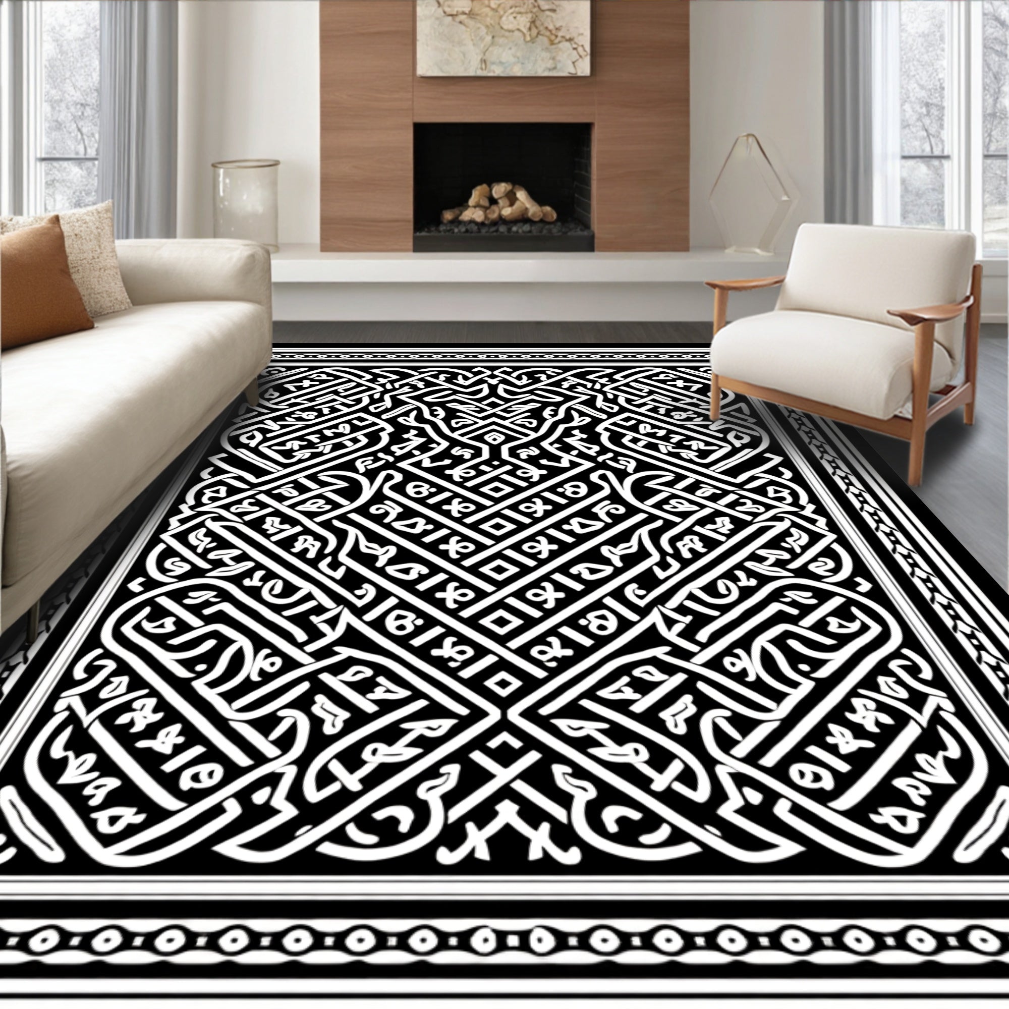 Intricate Celtic Knot Black White Pattern Rug