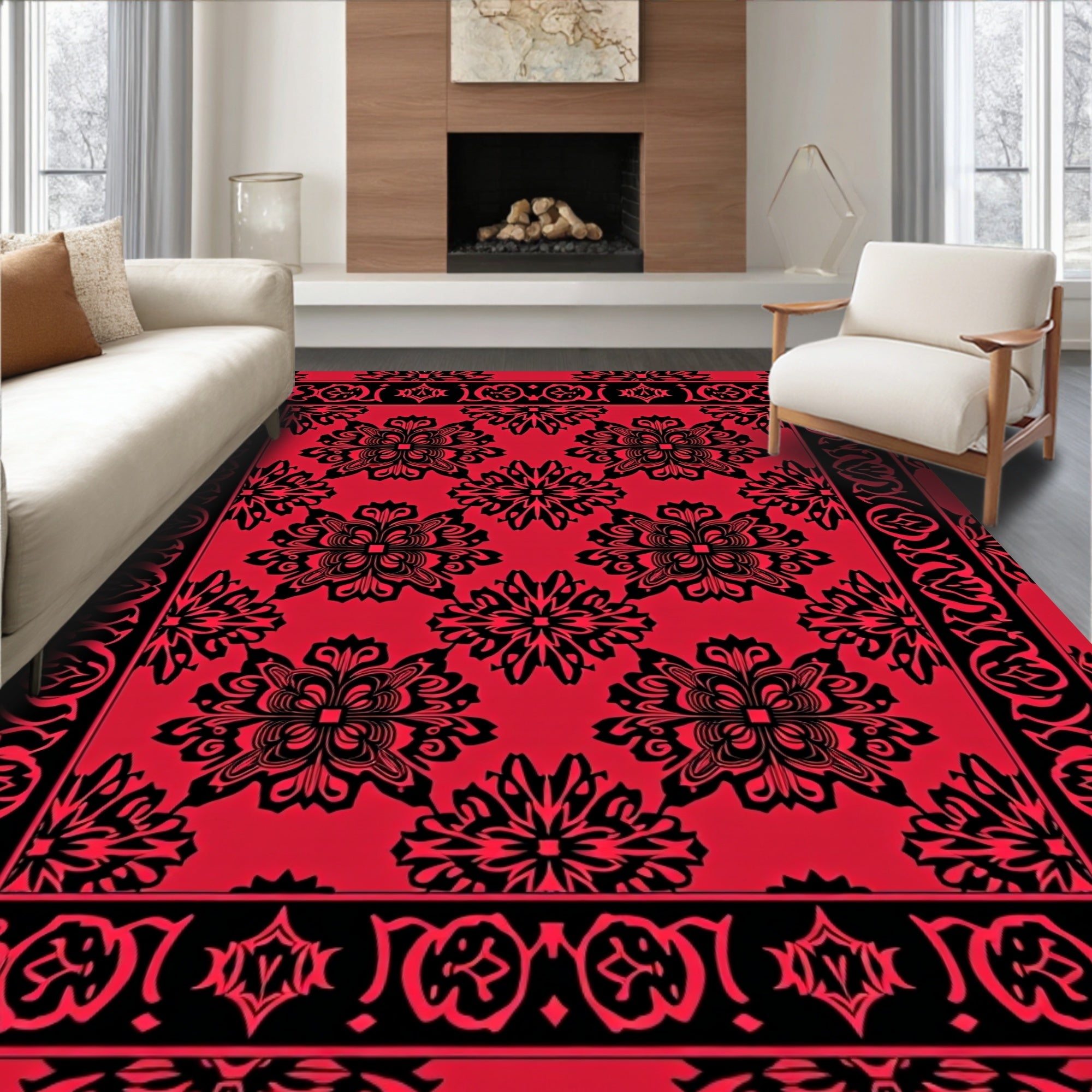 Ornate Red Black Floral Pattern Rug