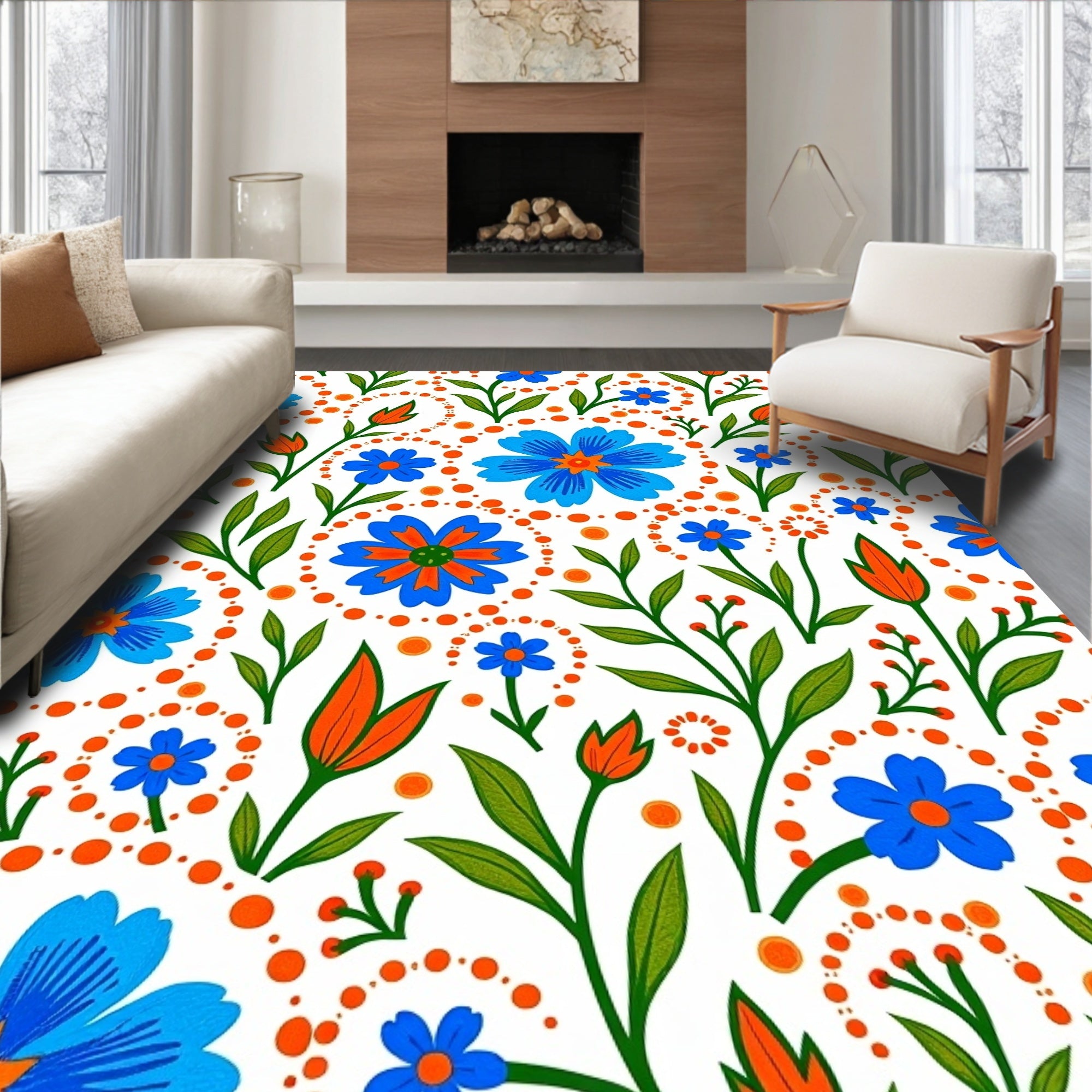 Whimsical Blue Orange Floral Pattern Rug