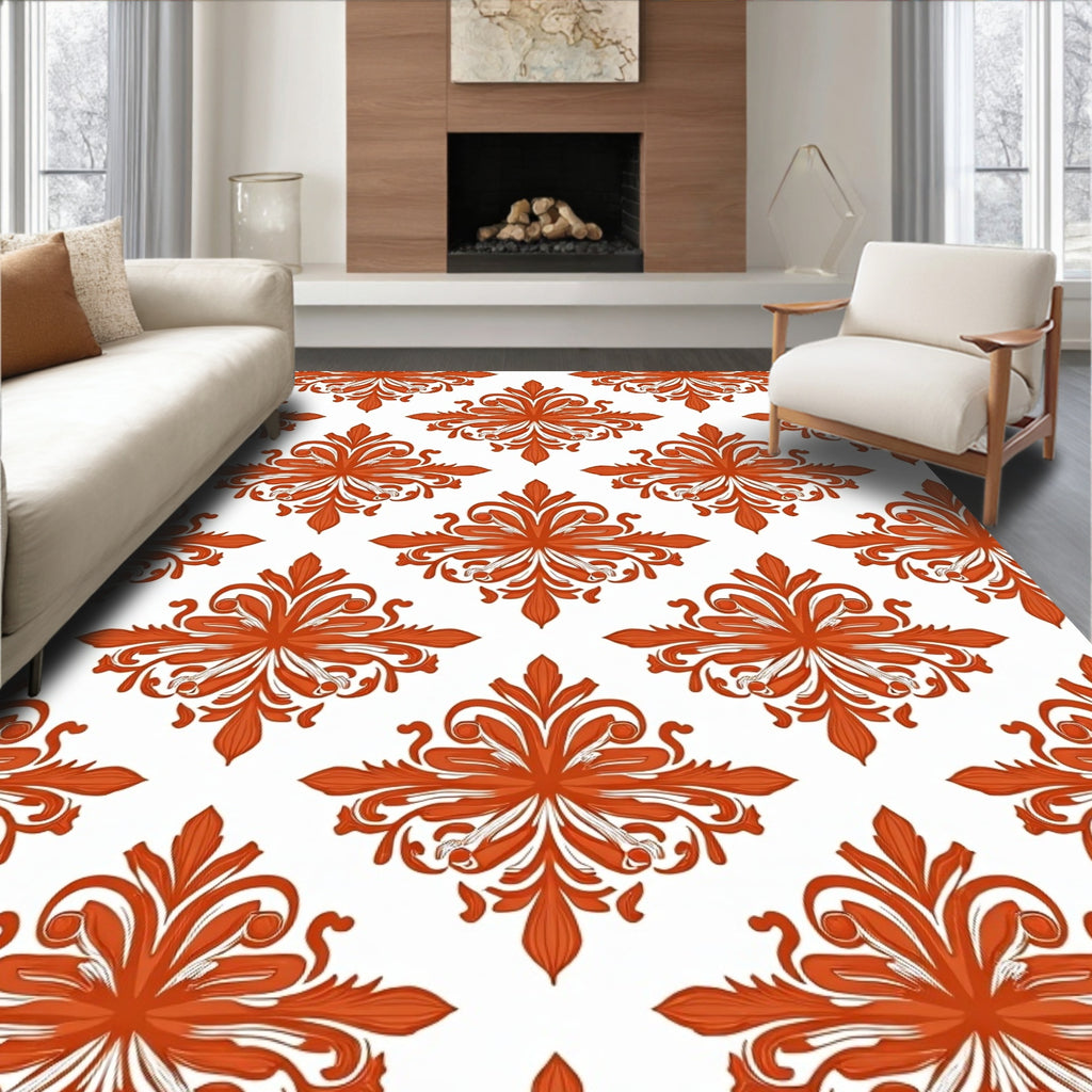 Orange Floral Scroll Decorative Pattern Rug