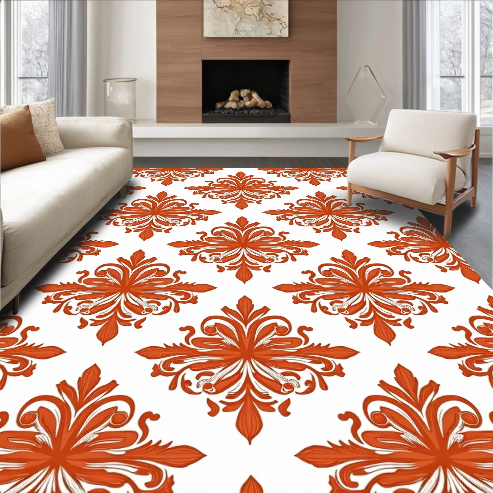 Orange Floral Scroll Decorative Pattern Rug