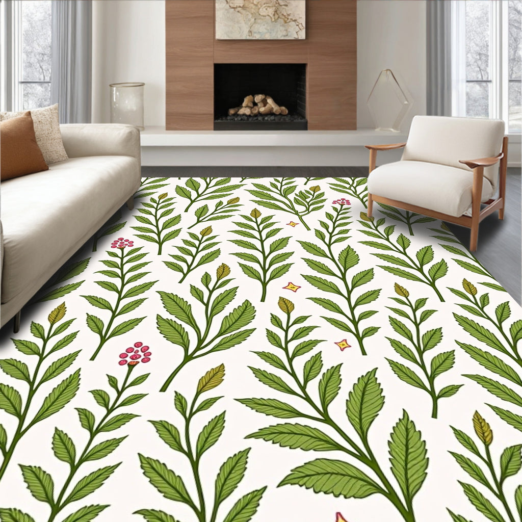 Green Leaf and Berry Botanical Pattern Rug