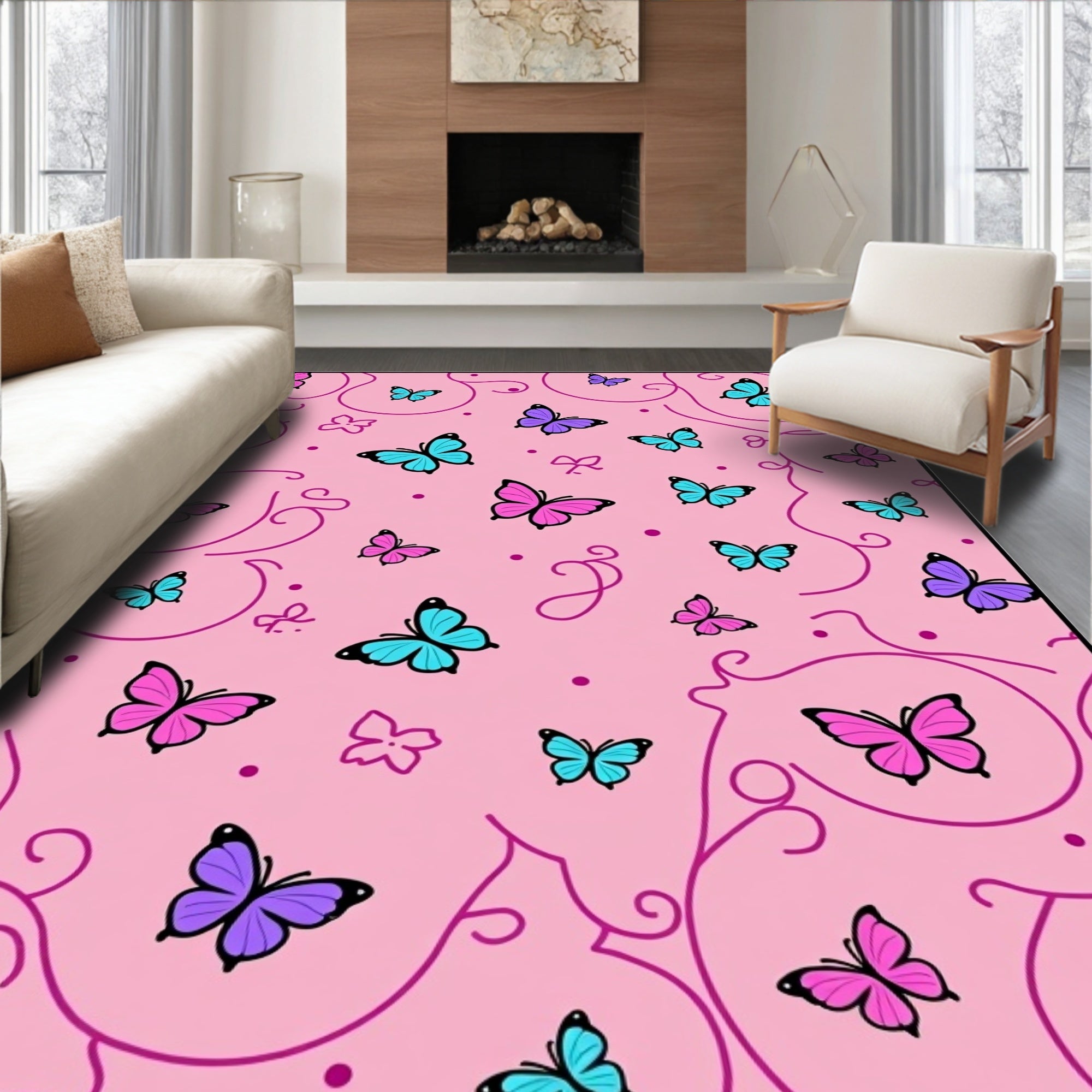 Pink Butterfly Swirl Pattern Rug