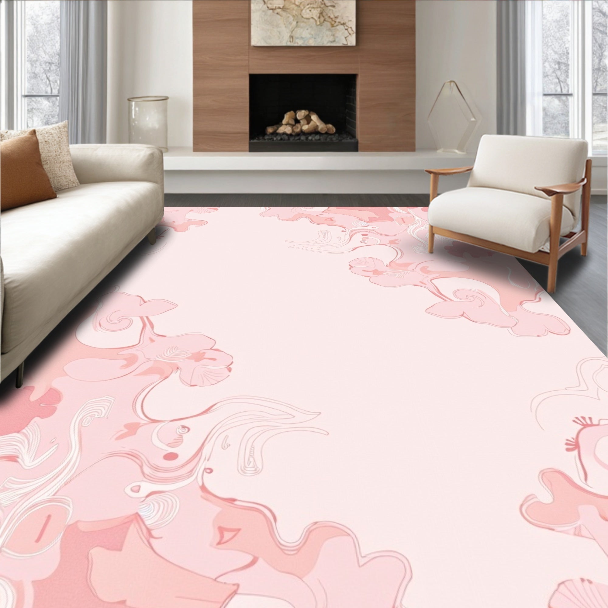 Whimsical Pink Swirl Floral Design Rug